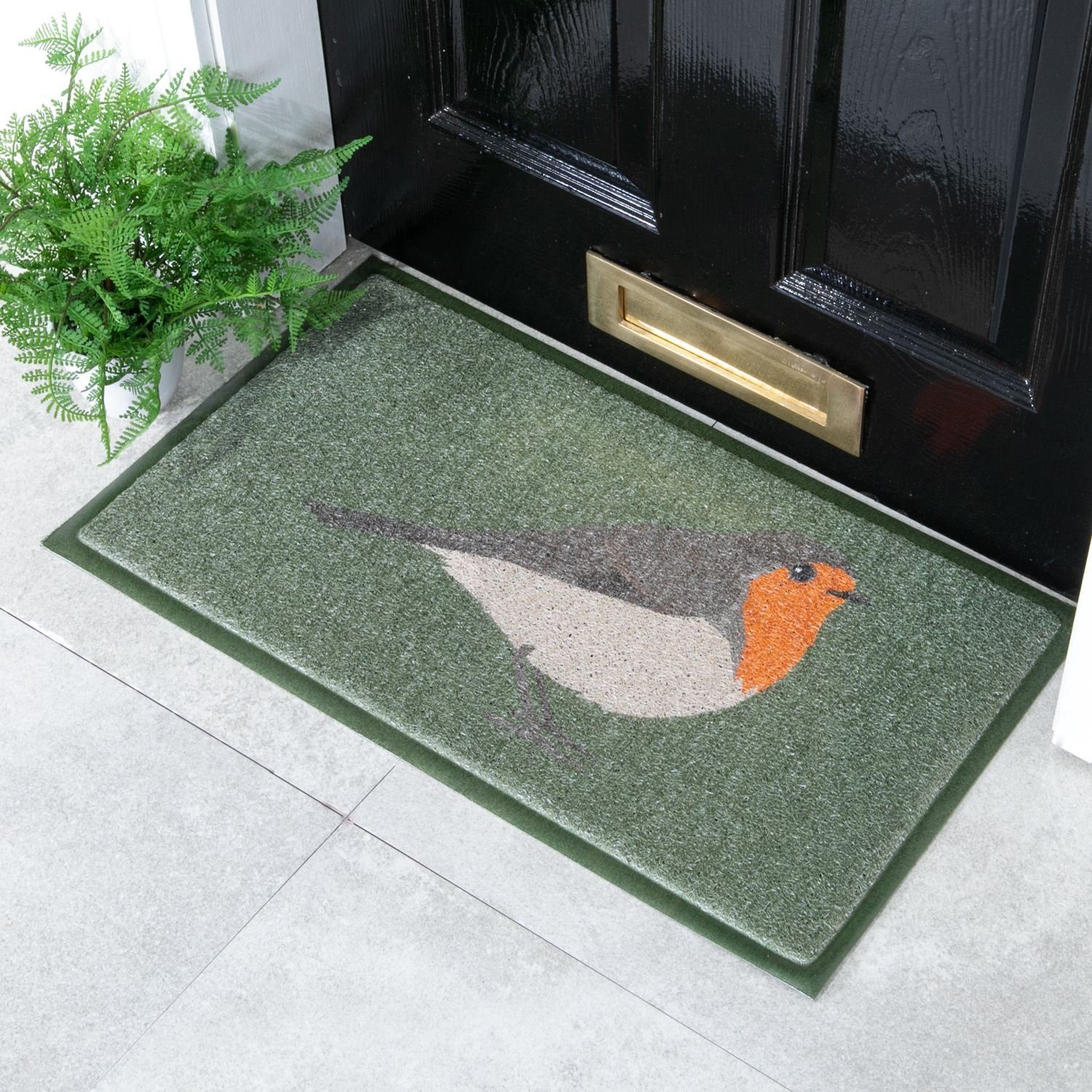 Artsy Mats Fußmatte Grüne Fußmatte mit Rotkehlchen-Motiv für Innen & Außen (70 x 40 cm)