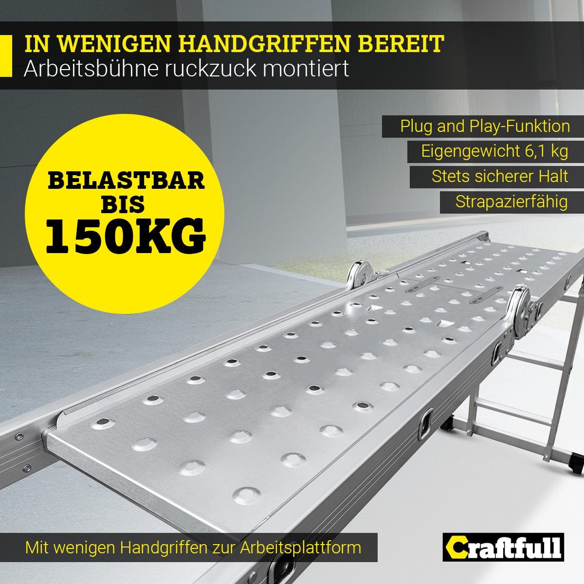 kg für Alu-Plattform Traglast, Brückenleiter Sprossen J. 150 (einzeln) (4x3 Garantie, Craftfull Stehleiter Aluminium), Play-Funktion, 4x5 Arbeitsbühne FÜR 2-St., - Gelenkleiter Klappleiter 3 4x4 & - Plug - Mehrzweckleiter - Arbeitsplattform Anti-Rutsch-Standfläche, CF-104A