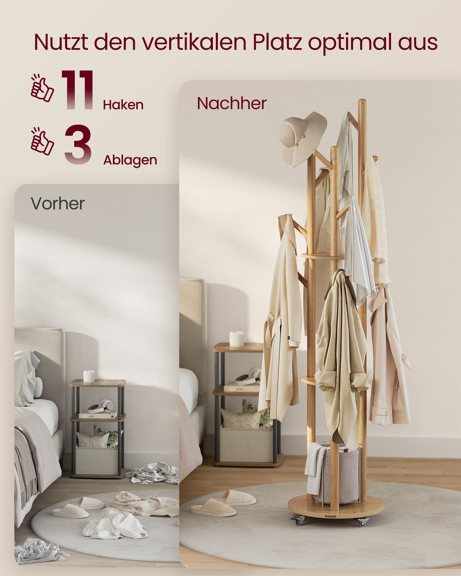 VASAGLE Garderobenständer Kleiderständer, 4 drehbare und abnehmbare Rollen, Eingang Schlafzimmer, mit 11 Haken und 3 Ablagen, Haken und Haltestangen aus Massivholz