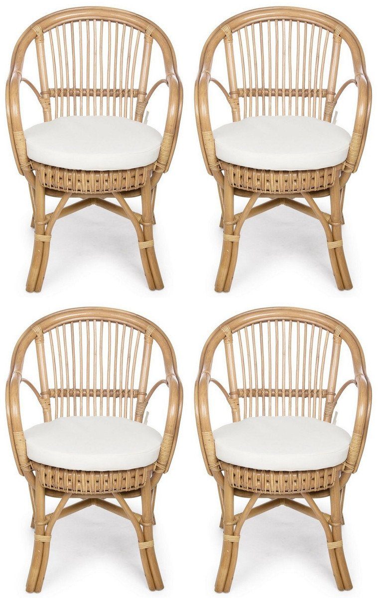 Casa Padrino Gartenstuhl Luxus Gartenstuhl 4er Set Naturfarben / Weiß 57 x 61 x H. 80 cm - Rattan Stühle mit Armlehnen und Sitzkissen - Moderne Rattan Garten & Terrassen Möbel