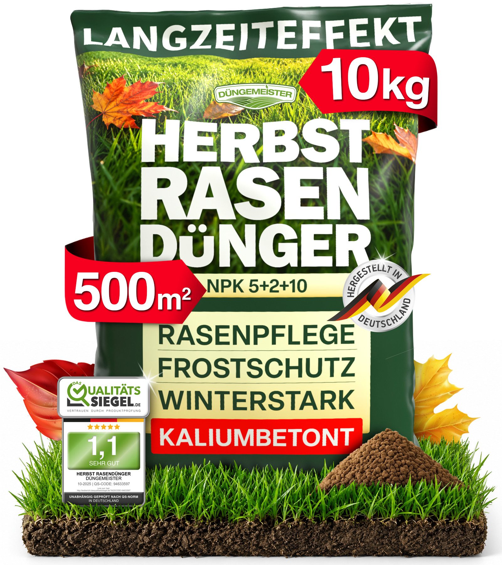 DÜNGEMEISTER Rasendünger Herbstdünger Herbst, 10 kg, Widerstandsfähigkeit gegen Frost & Krankheiten - KaliumschutzPlus