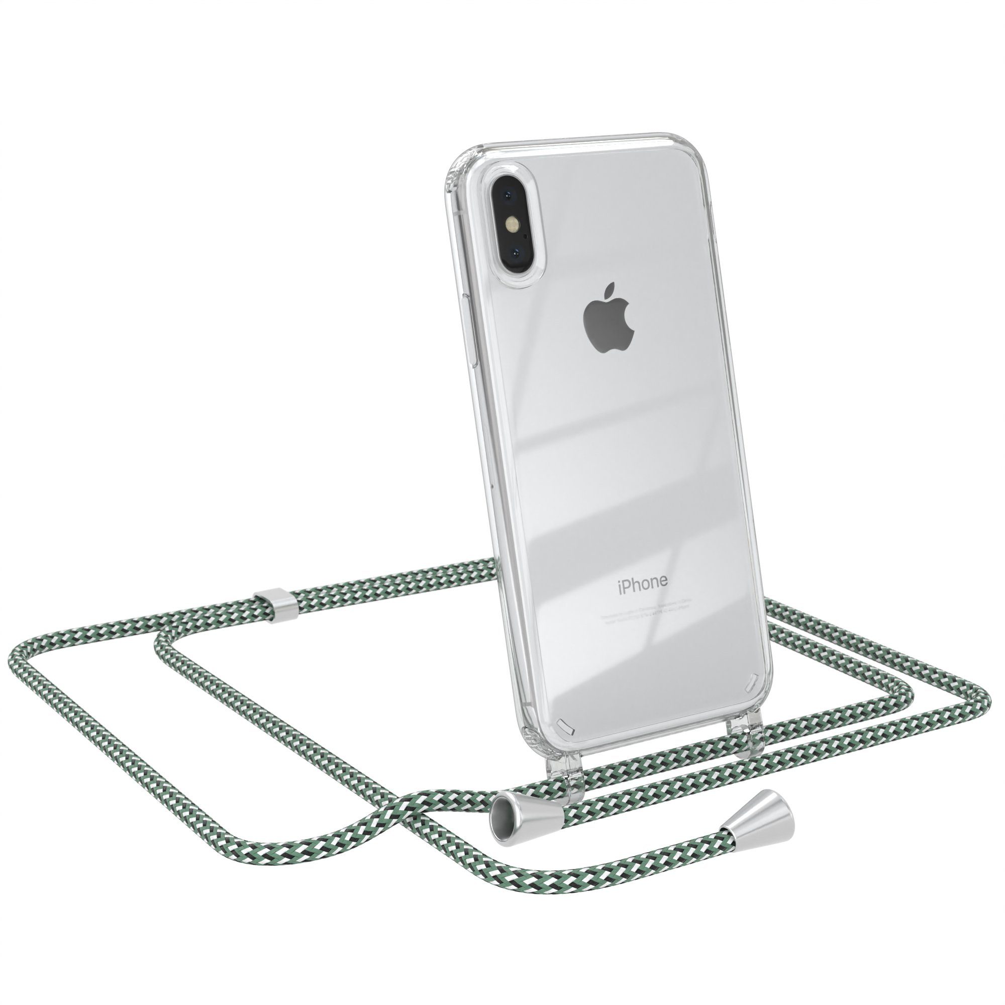 EAZY CASE Handykette Hülle mit Kette für Apple iPhone X / XS 5,8 Zoll, Kettenhülle zum Umhängen Tasche Cross Bag Handykordel Cover Grün Weiß