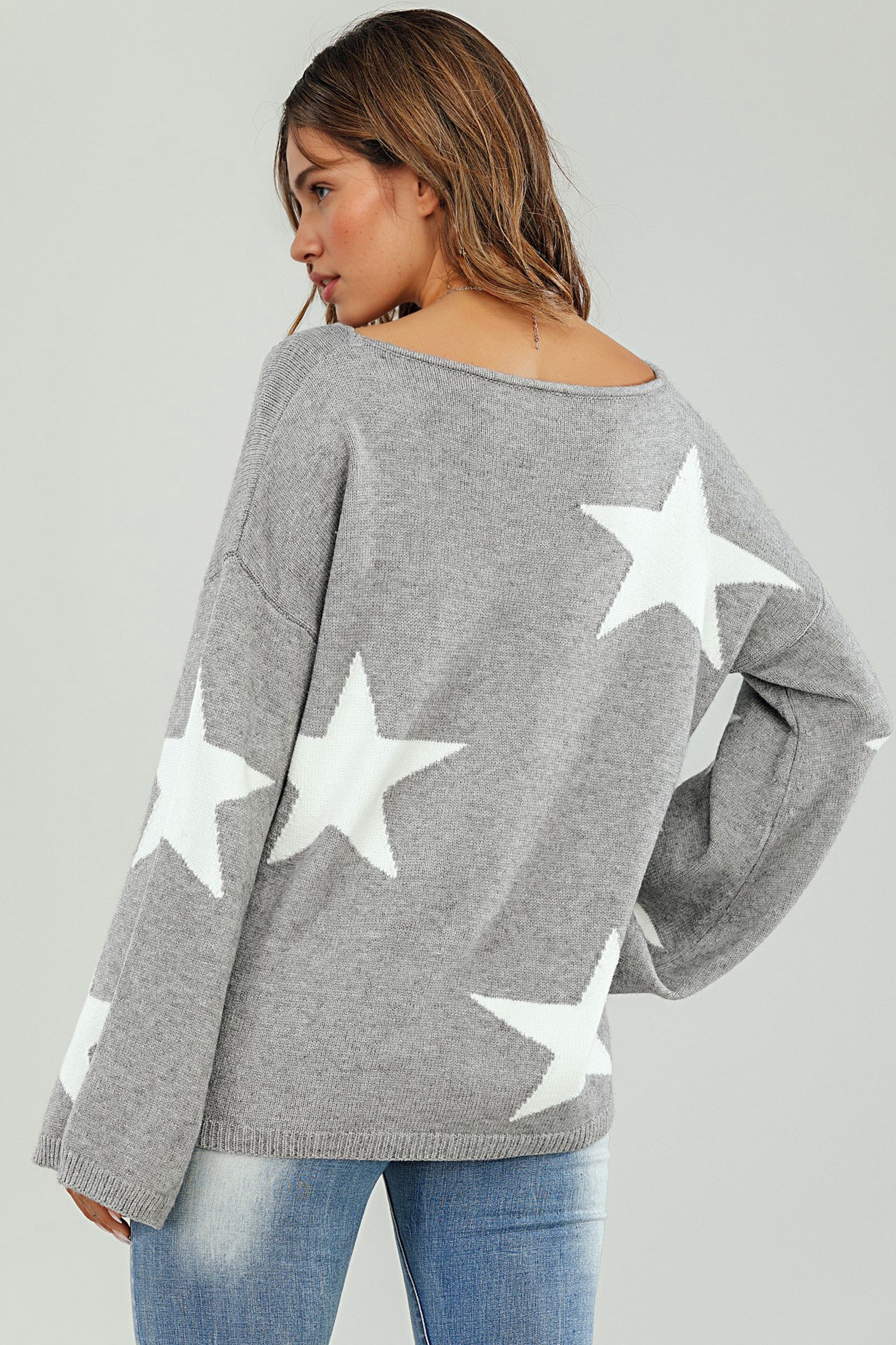 FS Collection Strickpullover Oversize Pullover mit weiten Ärmeln und Stern – Strickwaren (Einheitsgröße: UK 8–12 / EU 36–40, 5 Farben : Grau, Schwarz, Creme, Rot, Dunkelgrün) 100 % Acryl