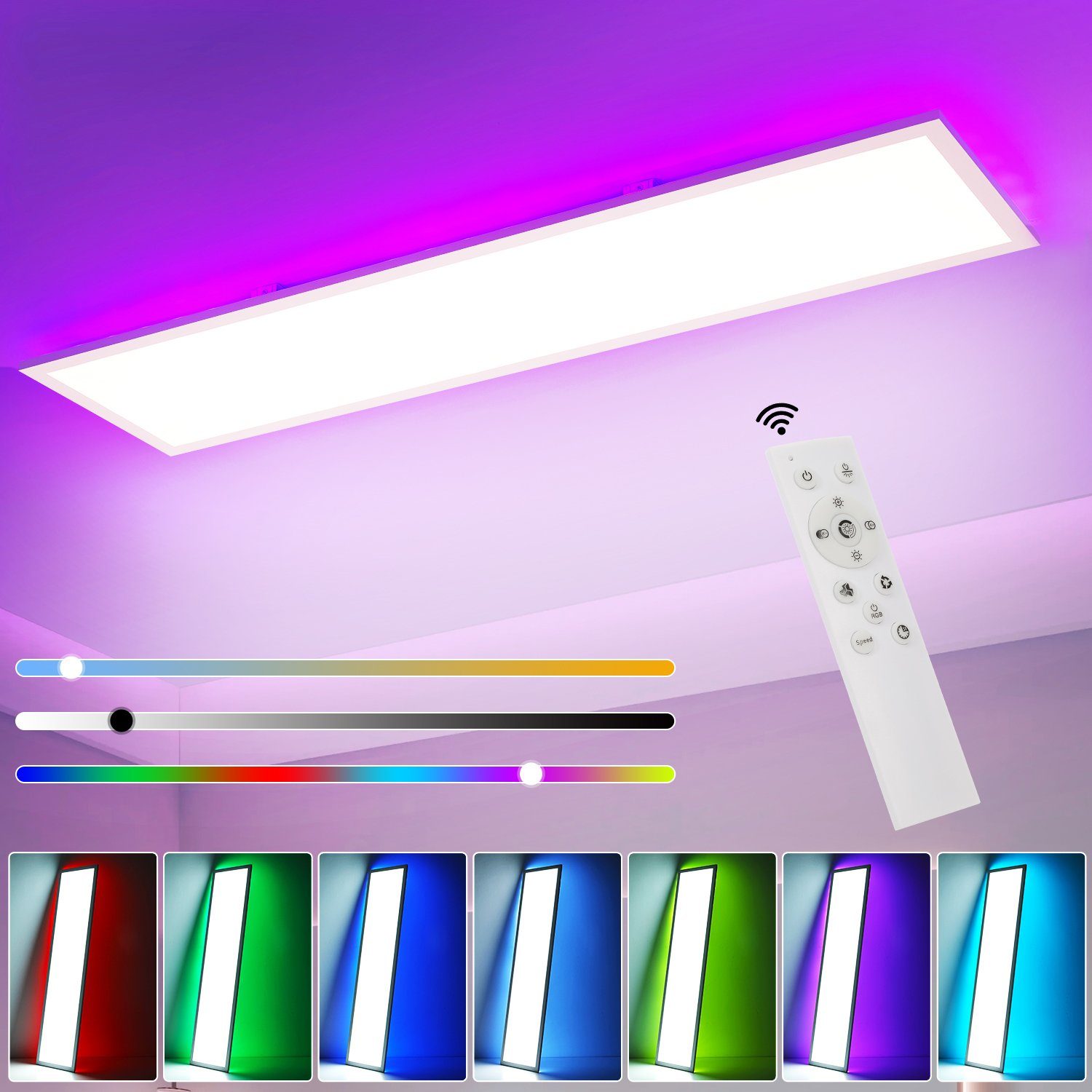 oyajia LED Deckenleuchte LED Dimmbare mit Deckenlampe Flach RGB, Kaltweiß+Naturweiß+Warmweiß+ Deckenlampe 120x30x3,9 LED integriert, cm, RGB 40W Deckenleuchte, Fernbedienung 12-Farben fest Backlight Panel, Backlight