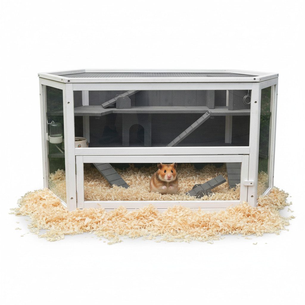 Mucola Kleintierkäfig Kleintierstall aus Holz mit 3 Ebenen & Plexiglasfront für Hamster, inkl. 2 Häuschen, 3 Treppen und 2 Wippen