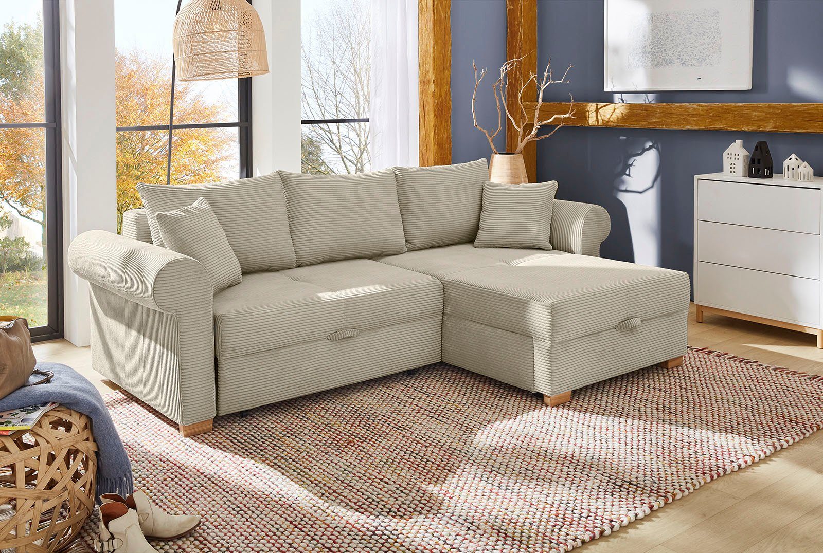 Jockenhöfer Gruppe Ecksofa List, viel Stauraum, 2 separate Liegeflächen, mane links oder rechts grau-beige | grau-beige