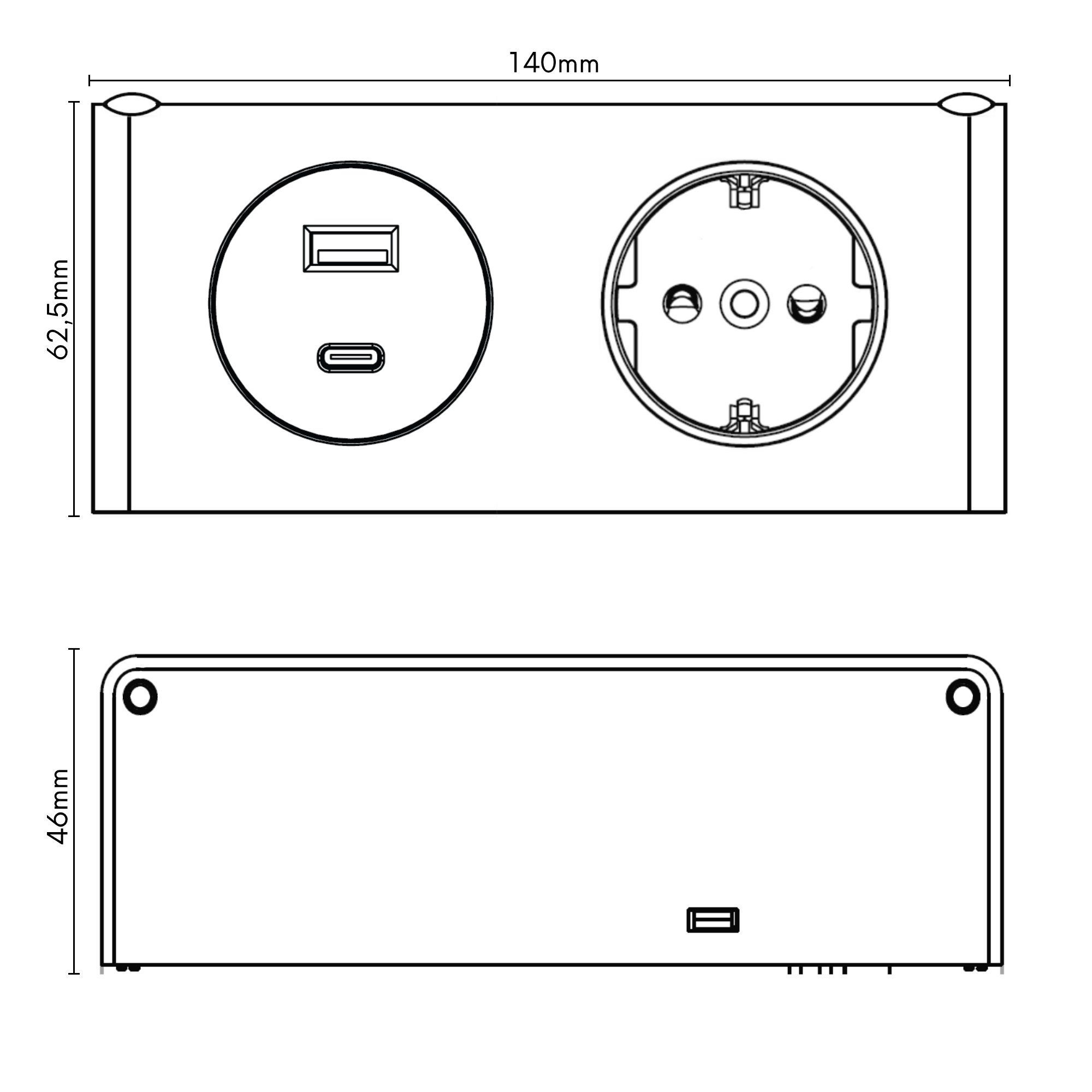 Steckdose 230V schwarz Anschluss, Steckdose und Powerbox, USB-A/-C kalb