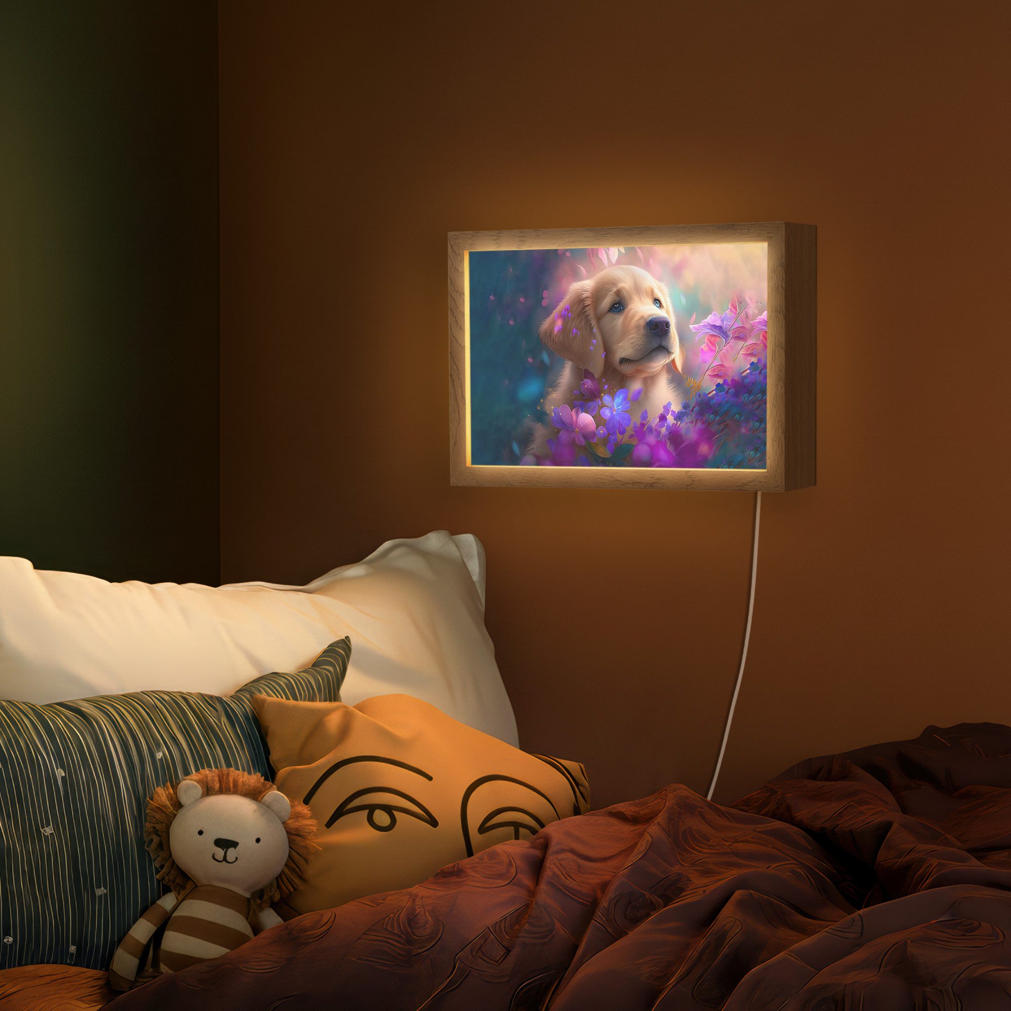 OnlyWow Wandleuchte Lightbox Hund - Welpe - Sonne - Blumen - Golden Retriever - Mädchen, Dimmbar, Farbwechsel, LED, Warmweiß, Kaltweiß, Neutralweiß Einstellbar, Wandlampe Innen, Dimmbar, mit Kabel, LED, Modern, Schlafzimmer