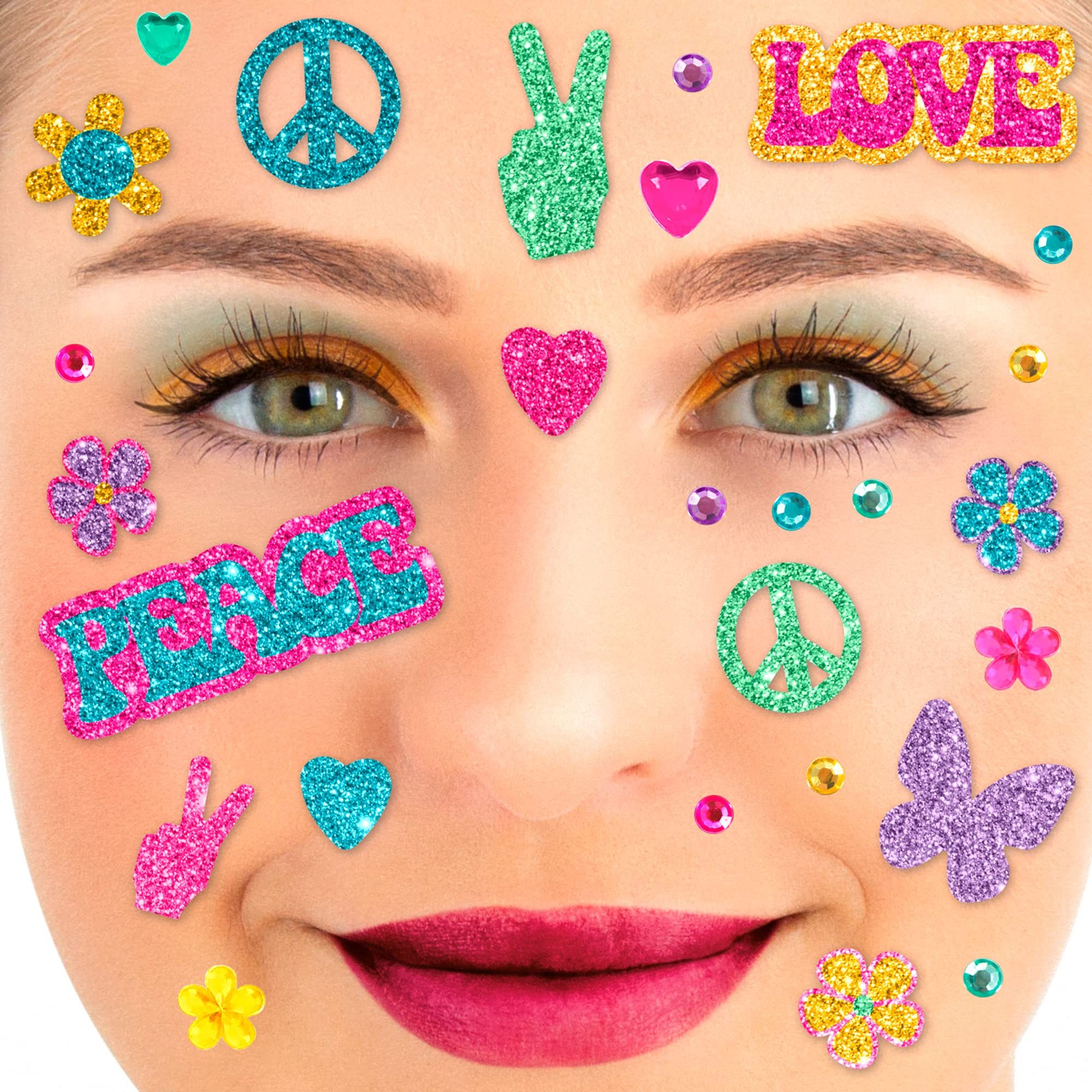 Party Factory Strass-Tattoo Glitter Face Tattoo - Flower Power, mit Glitzerelementen und Strass-Steinchen je nach Wahl