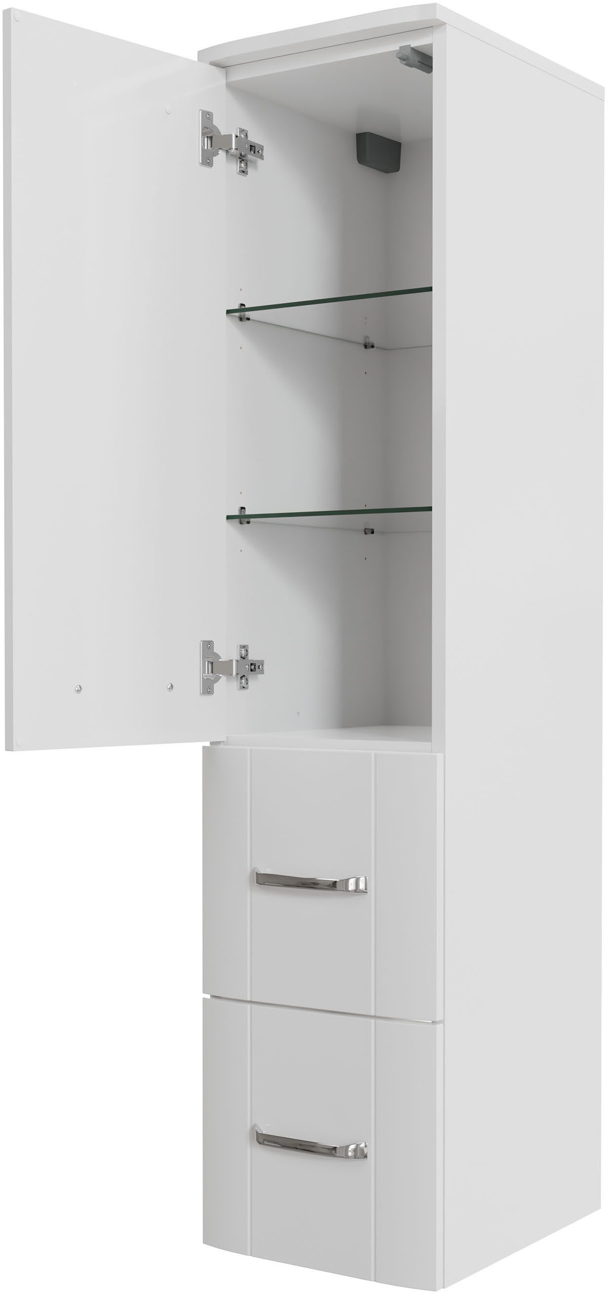 Saphir Midischrank Serie 3006 Badschrank 30cm,1 Tür, 2 Schubladen, Türdämpfer 2 Glas-Einlegeböden, Badezimmer-Midischrank 130 cm hoch, 38 cm tief