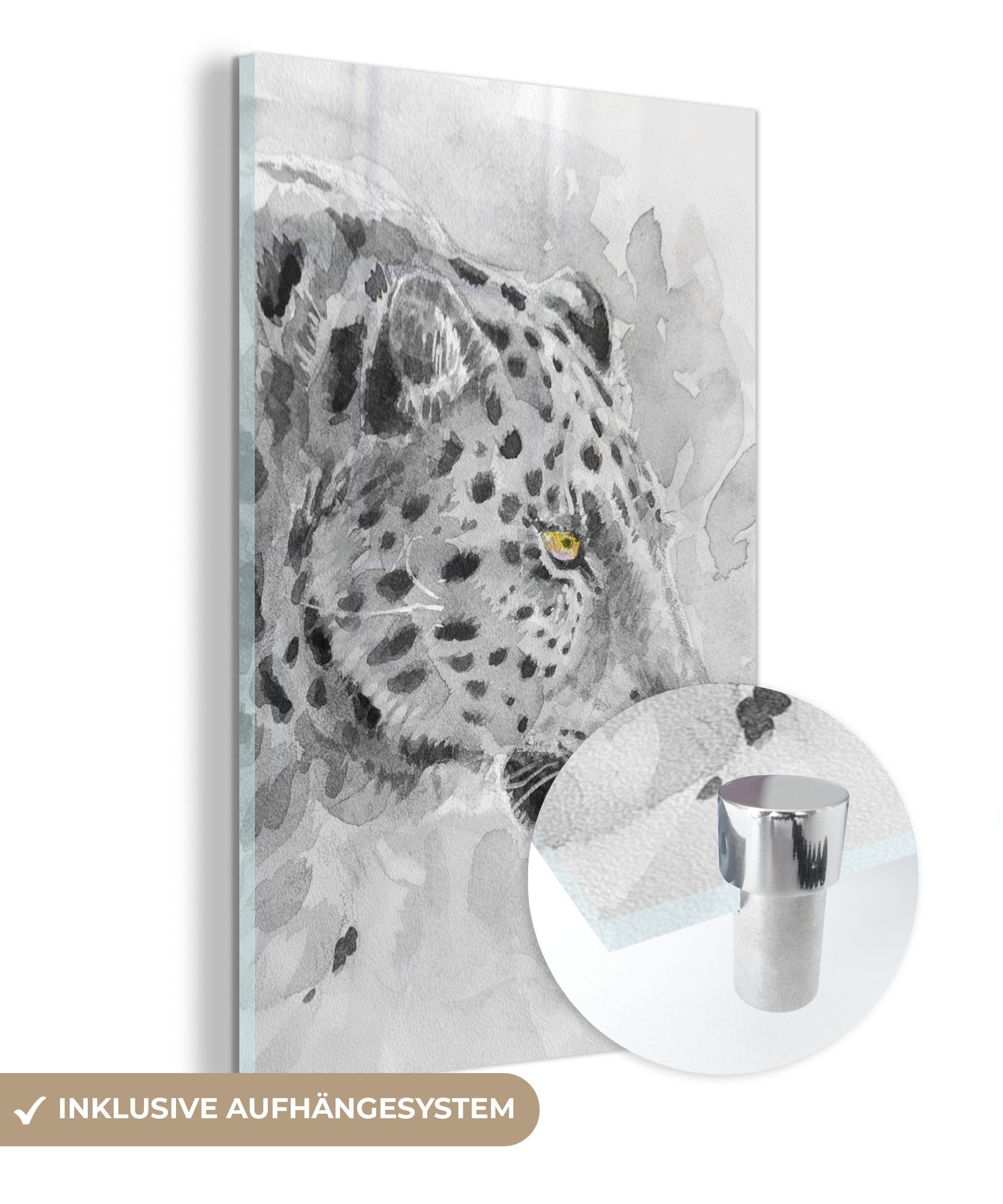 MuchoWow Acrylglasbild Panther - Aquarell - Schwarz - Weiß, (1 St), Glasbilder - Bilder auf Glas Wandbild - Foto auf Glas - Wanddekoration