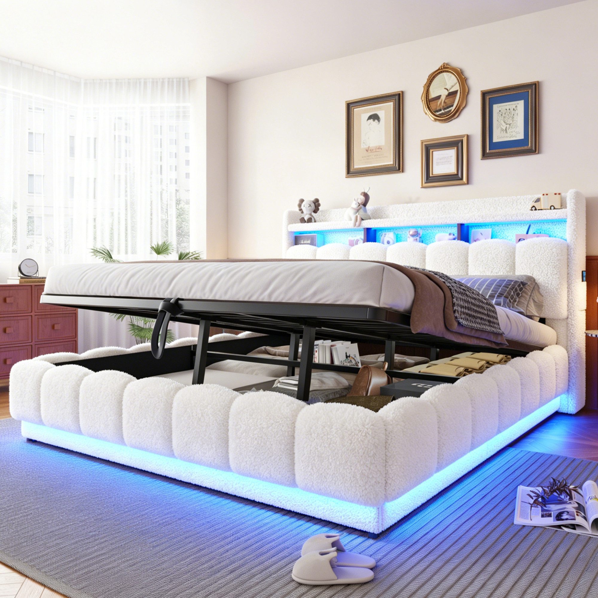 Celya Polsterbett 180 × 200 mit hydraulischem Stauraum und LED-Lichtleiste (ohne Matratze, mit USB-Anschluss, Lattenrost aus Metall) – Bild 5 von 5