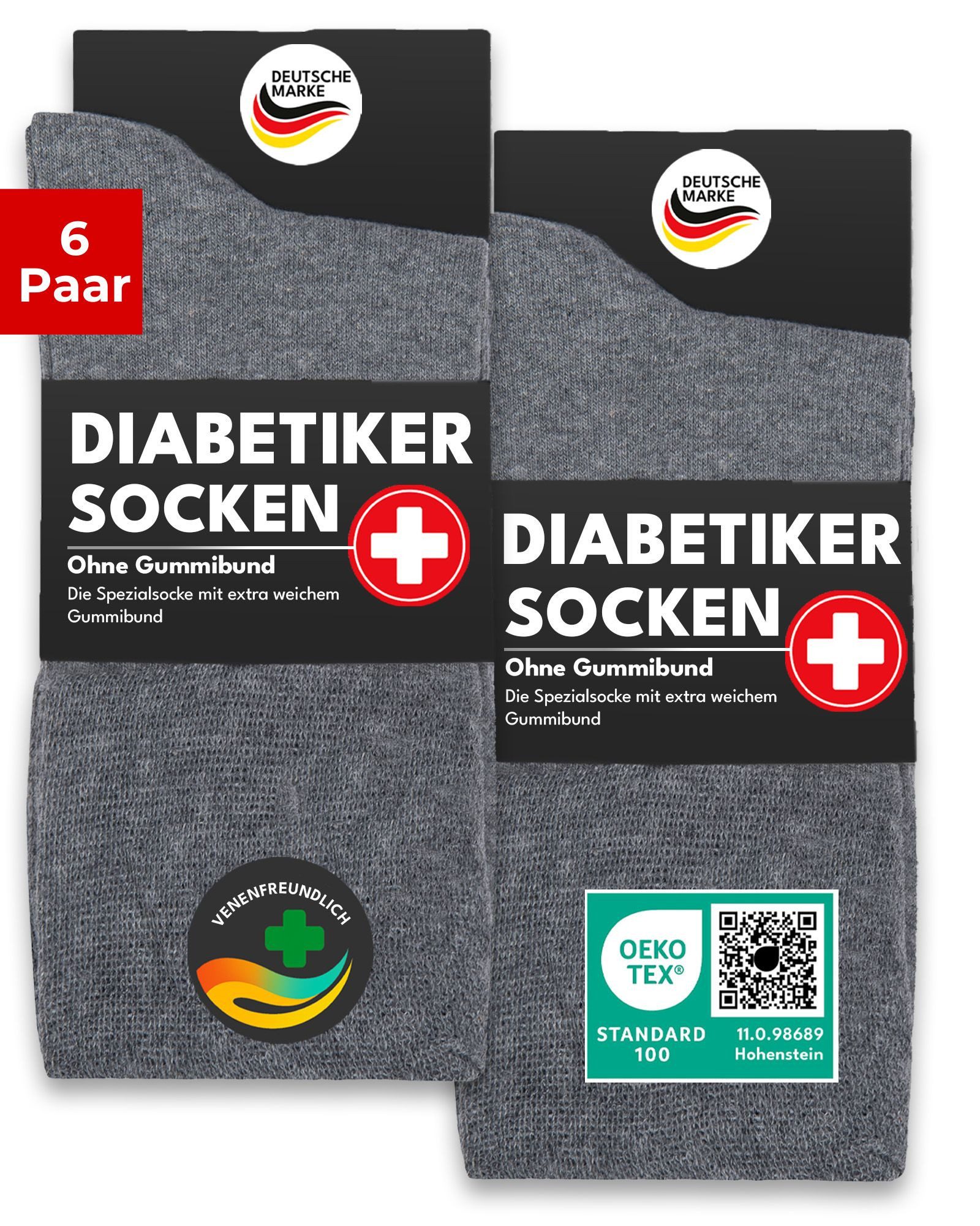 sockenkauf24 Diabetikersocken ohne Gummibund 97% Baumwolle mit Komfortbund ohne Naht (Grau, 6-Paar, 43-46) Diabetiker Socken ohne Gummi für Damen & Herren
