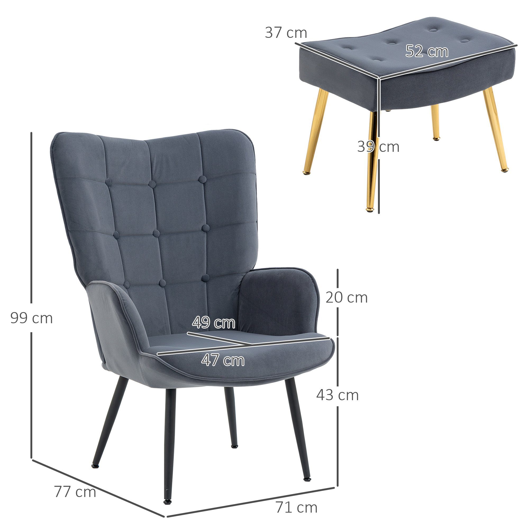 (Relaxstuhl, mit Stahlbeine, Hocker, Armlehensessel Grau HOMCOM Relaxsessel Loungesessel Hocker), 2-St., Fernsehsessel mit Armlehnstuhl mit