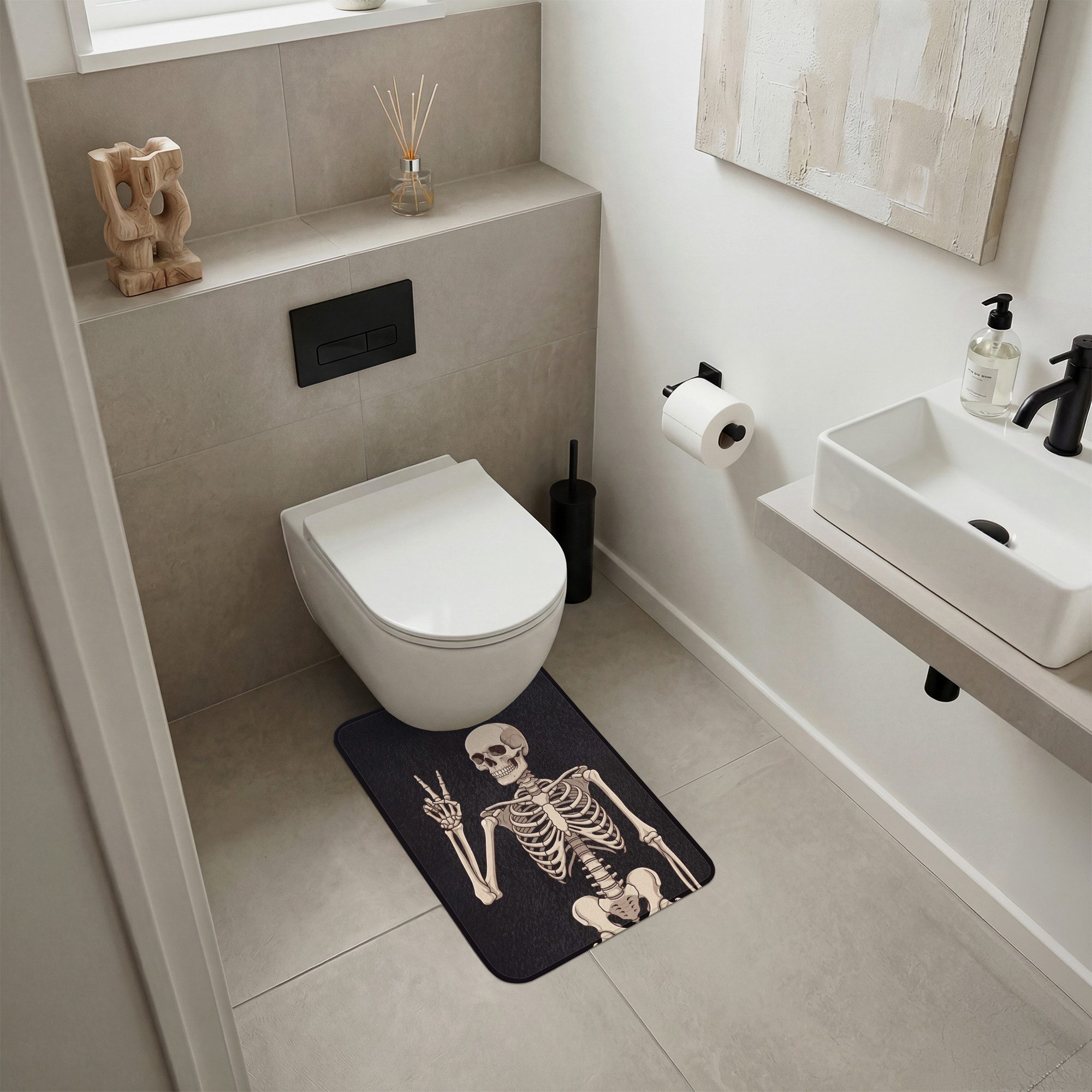 OnlyWow WC-Vorleger Skelett - Frieden - Schwarz, Höhe 10 mm, Polyester, Rechteckig, WC Teppich, Toilettenvorleger, Toilettenteppich, Badematte 40x60 cm