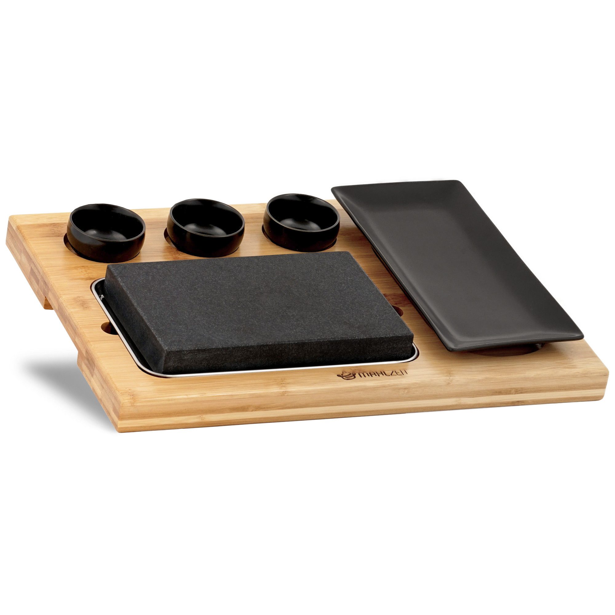 Mahlzeit Grillteller Lavastein Set (7-teilig), Set mit heißem Stein, Dipschalen und Teller