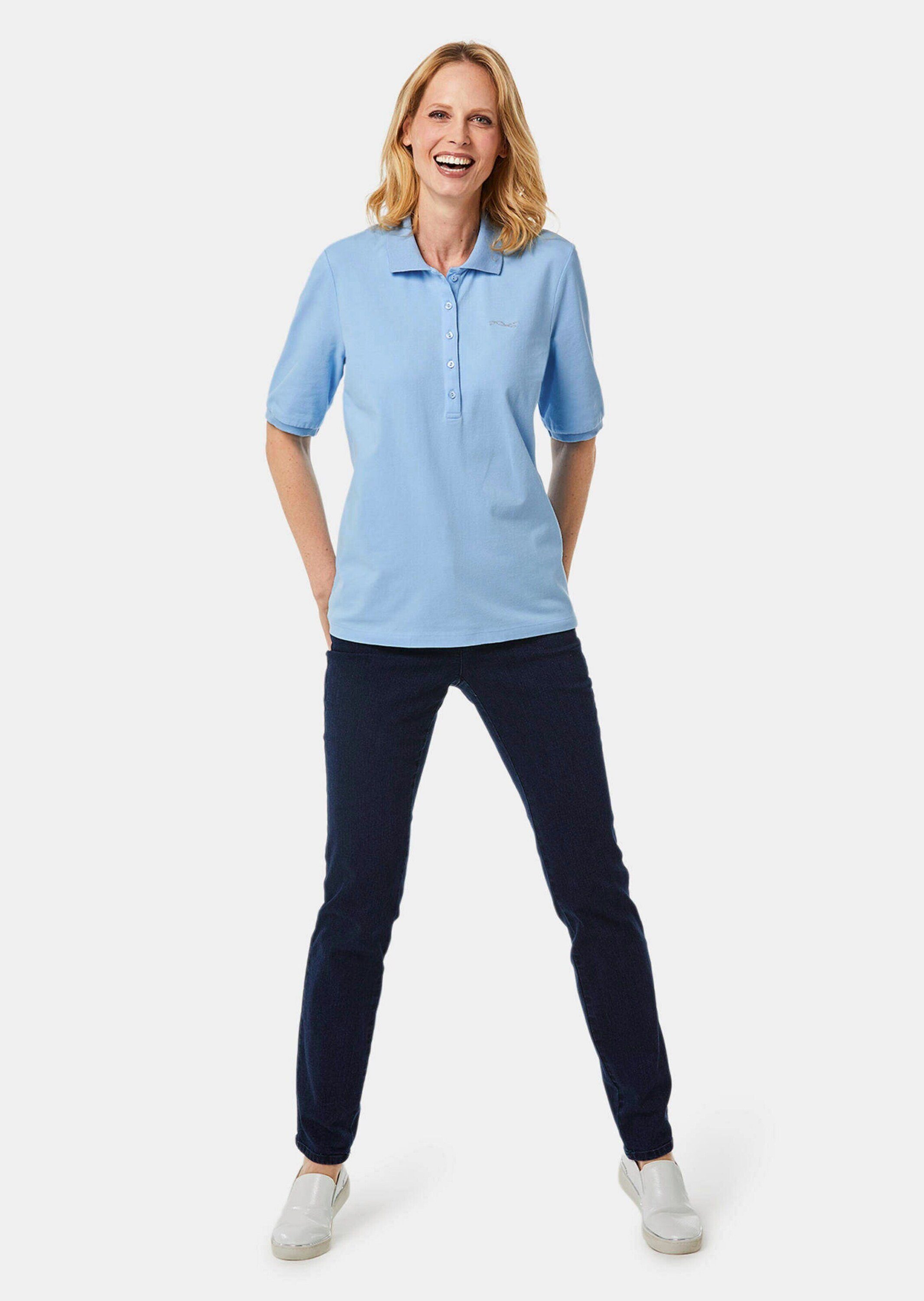 GOLDNER Poloshirt Kurzgröße: Baumwollshirt mit Glitzerstickerei Stilvolles Jerseyshirt mit Polokragen, Knopfleiste und Halbarm