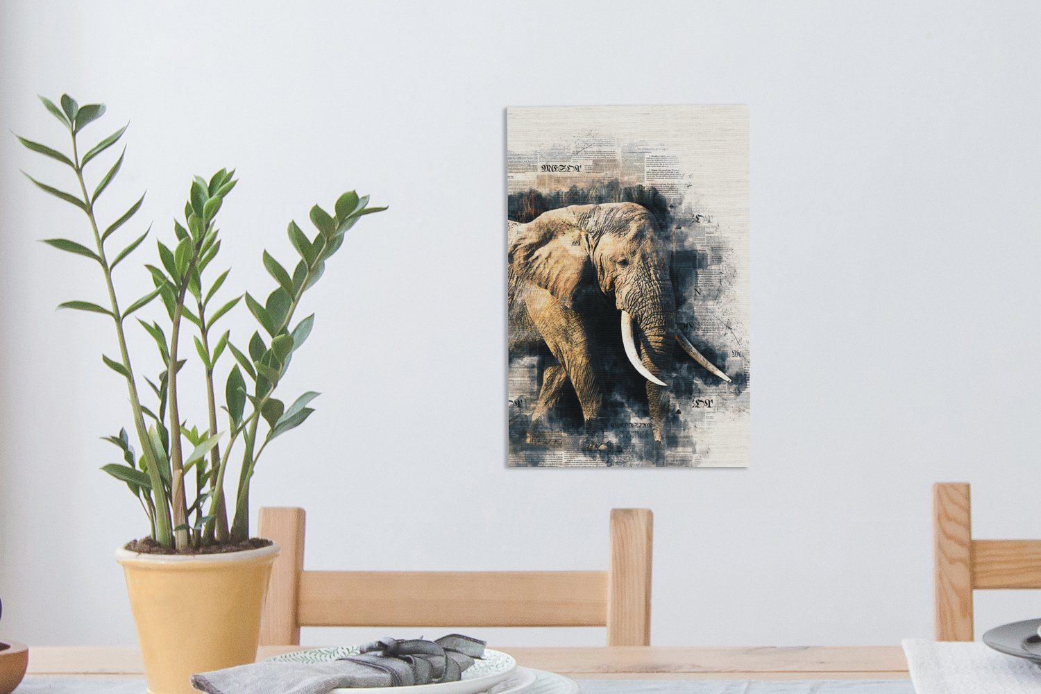 bespannt Elefant - (1 Farbe - inkl. Zackenaufhänger, 20x30 Leinwandbild St), Gemälde, fertig cm Zeitungspapier, Leinwandbild OneMillionCanvasses®