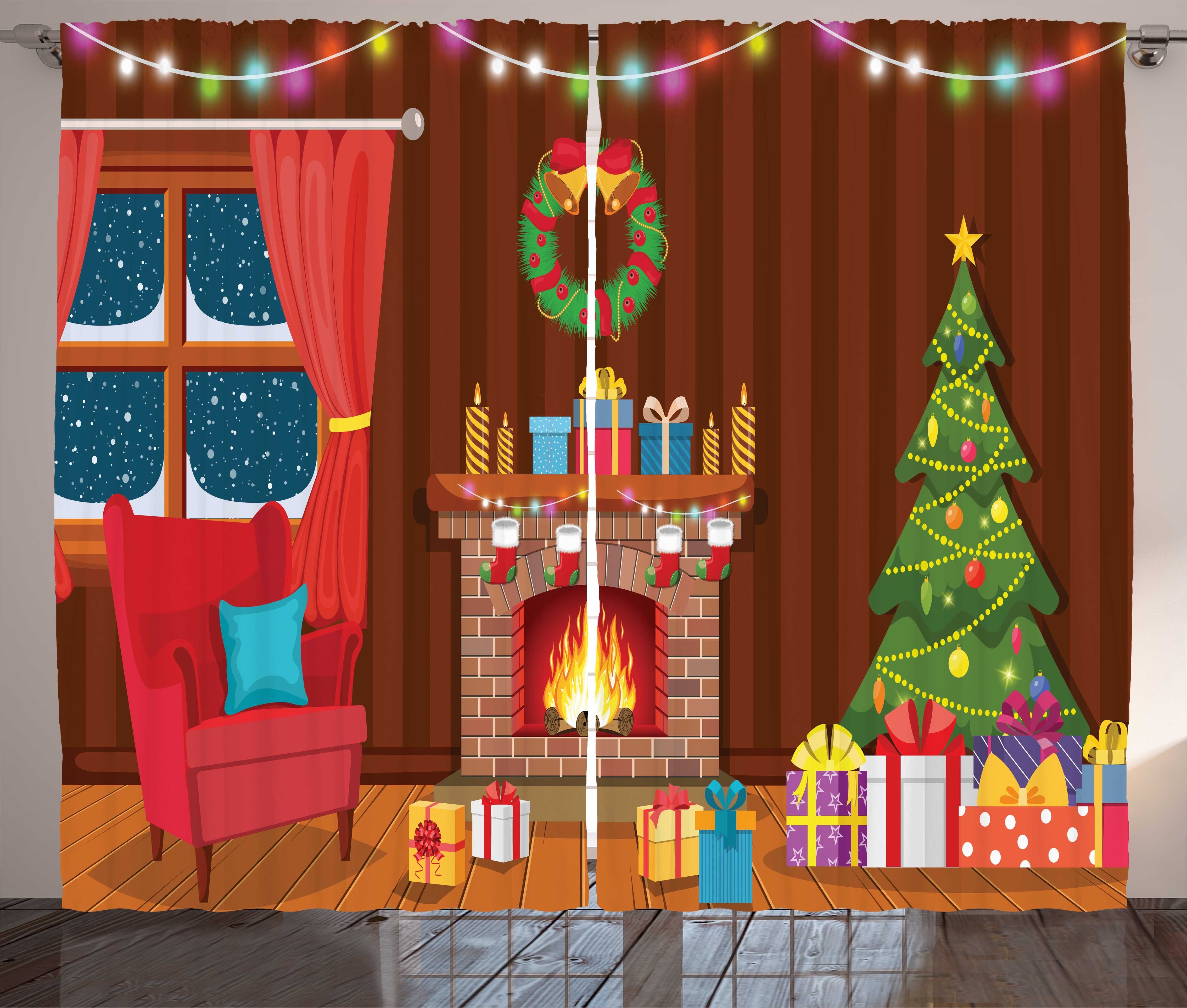 Gardine Schlafzimmer Kräuselband Vorhang mit Schlaufen und Haken, Abakuhaus, Kamin Weihnachten im Winter Night