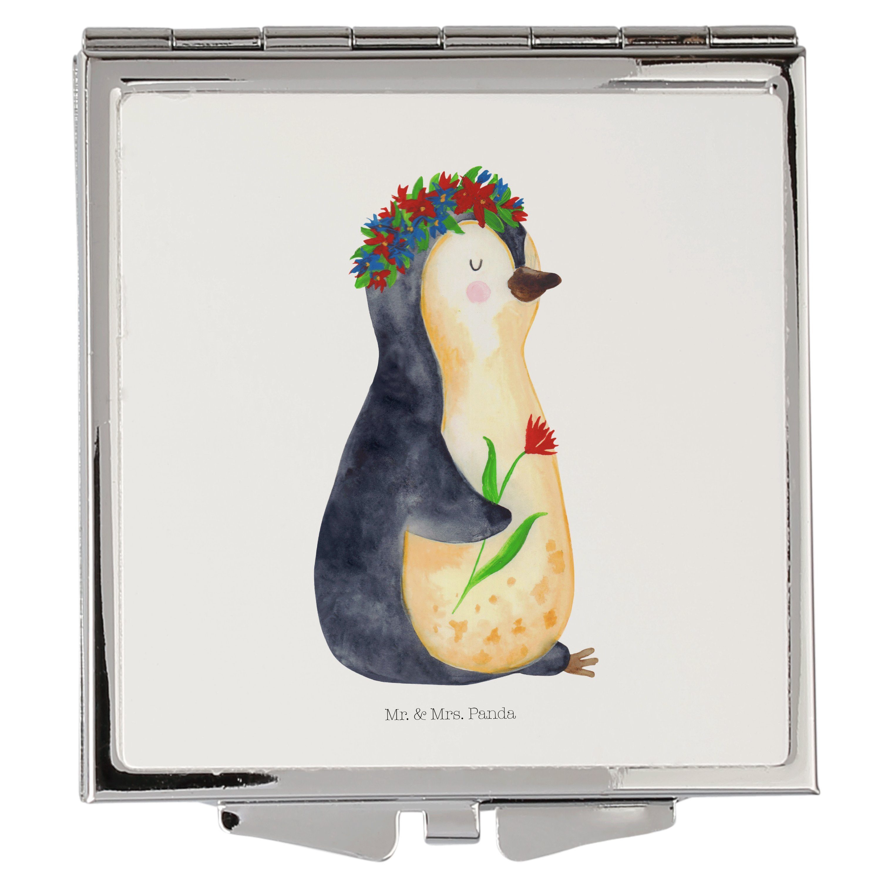 Mr. & Lebensziele, Pinguin Blumenkranz Weiß Quadr - - Panda Kosmetikspiegel Geschenk, (1-St) Mrs. Handtasche