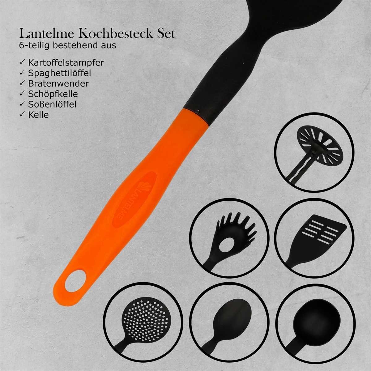 Lantelme Kochbesteck-Set Kochbesteck orange-schwarz (7-tlg), Küchenhelfer mit Hakenleiste