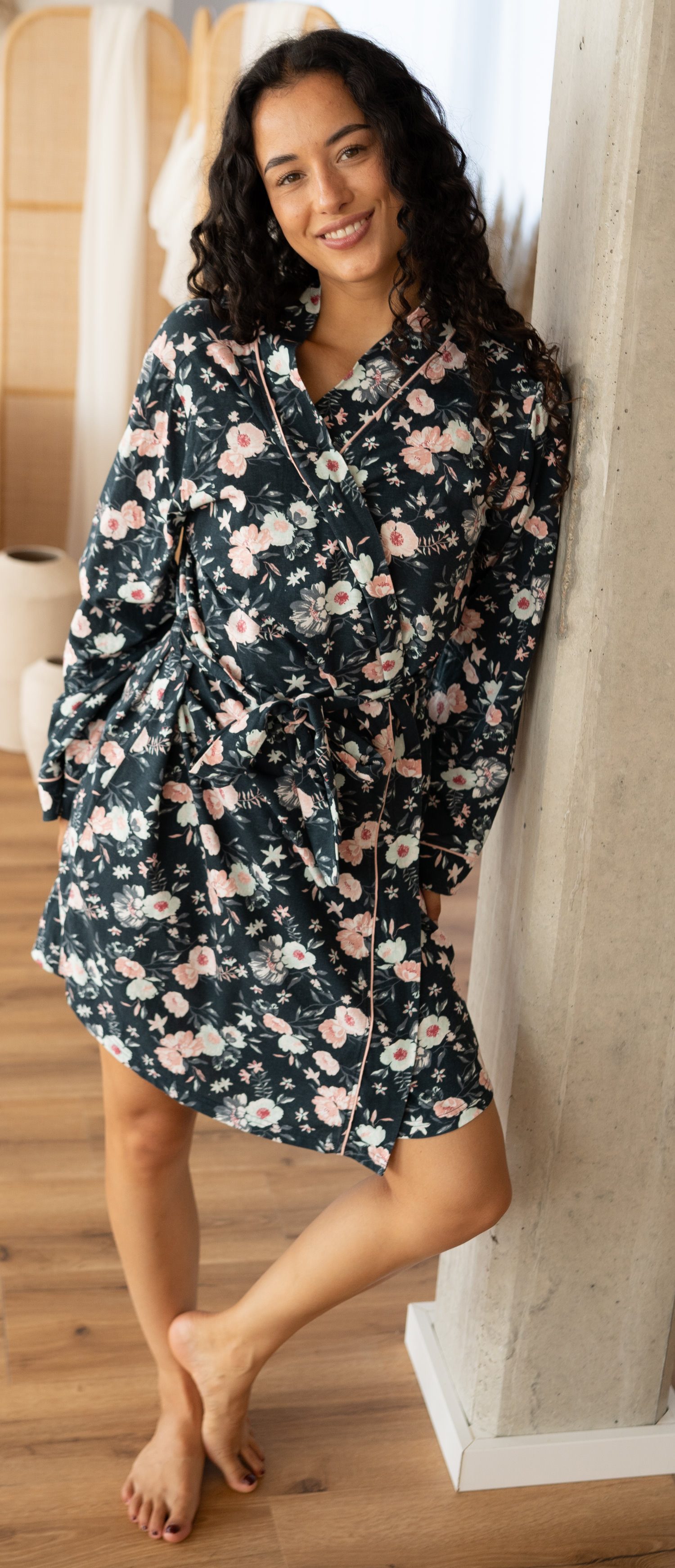 By Louise Kimono Damen Morgenmantel, Midi, Baumwolle, Kimonokragen, Gürtel, günstig online kaufen