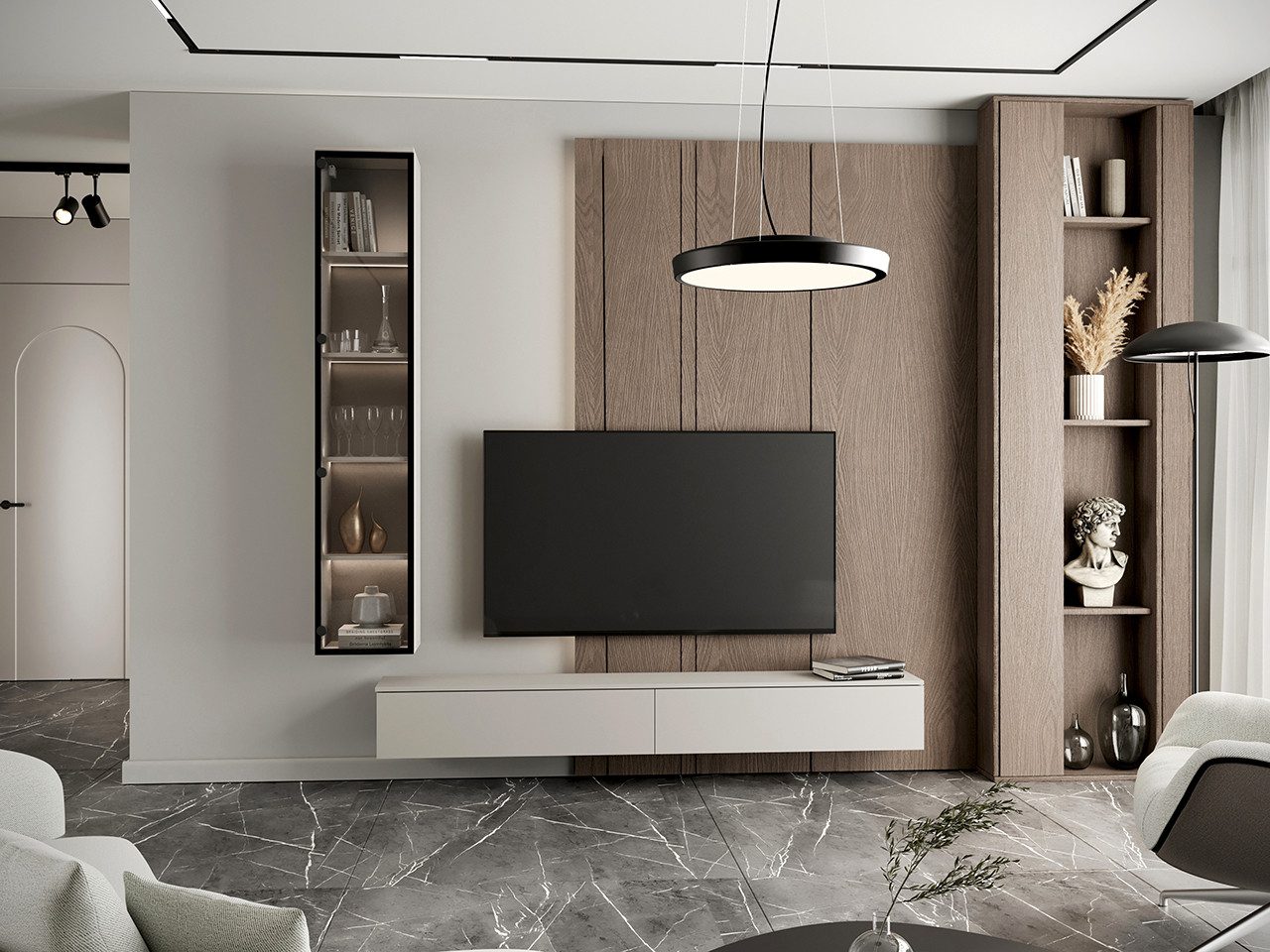 MOEBLINE Wohnwand Wohnwand Medienwand FIVO 2 kaschmir TV-Lowboard Vitrine 2 günstig online kaufen