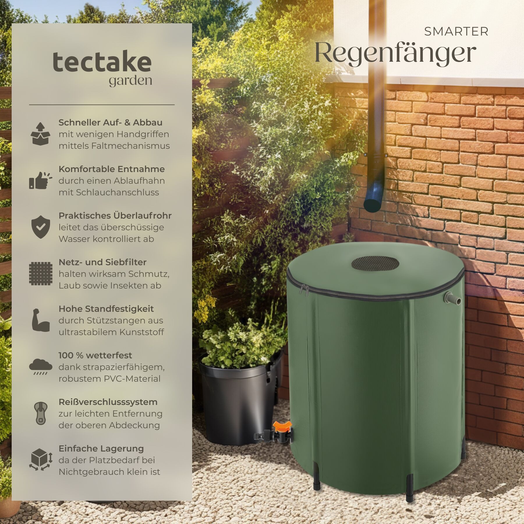 tectake Regentonne Faltbare Wassertonne mit abnehmbarer Oberseite und Überlaufschutz, 200 l, (Regenwassertank, in grün), wetterbeständig, mit Wasserhahn und pra – Bild 2 von 5
