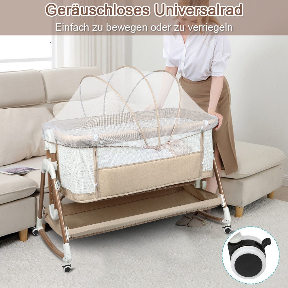 JEOBEST Beistellbett 3 in 1 Beistellbett Stubenwagen Babybett Baby-Reisebett, 6-stufige Höhenverstellung, mit Rollen, Matratze und Moskitonetz