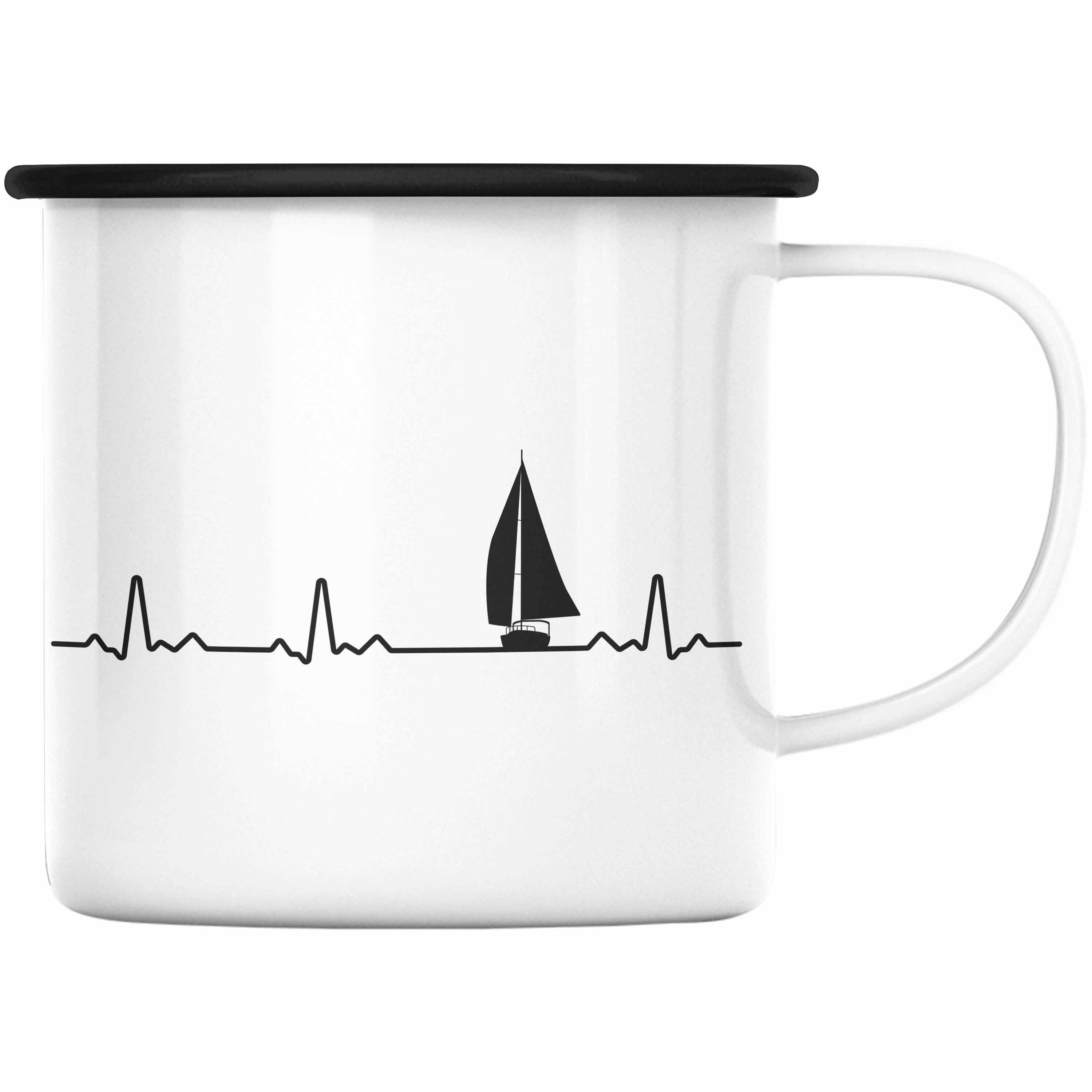 Trendation Thermotasse Trendation - Kapitän Herzschlag Emaille Tasse Geschenk Käptn Lustiger Spruch Bootsfahrer Sportboot Herren Segler Segeln Motoboot Lustig Schwarz