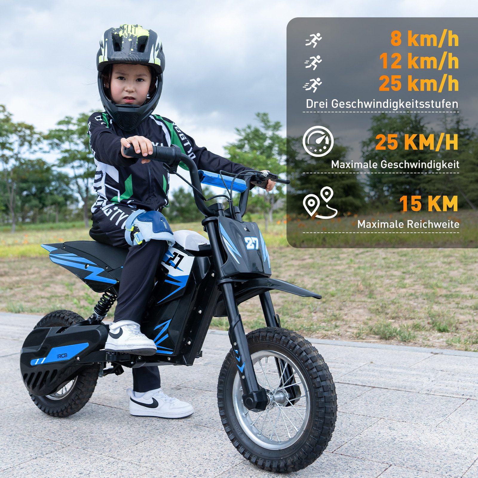 RCB Elektro-Kindermotorrad R9X,3 Geschwindigkeitsmodus,Max 25km/h,Reichweite 15 km, 12"Luftreifen, Belastbarkeit 65 kg, 8km/h, 12km/h, 25km/h
