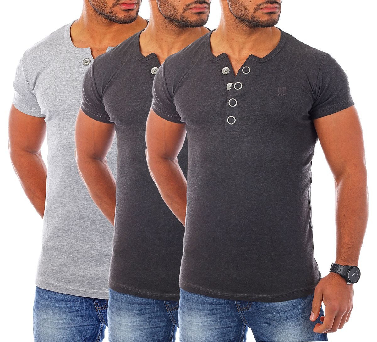 Young & Rich T-Shirt Herren basic fein gerippt mit trendigen extra großen Knöpfen 1872 mit Knopfleiste unifarben kurzarm slim fit