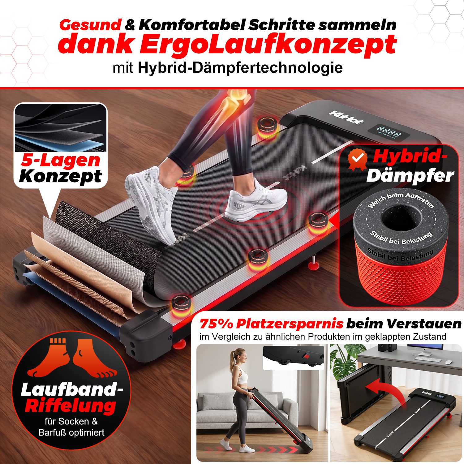 WILGOON Laufband Flaches WalkingPad mit 12% Steigung & Leisem Motor für Home & Office (Kompakte Laufplatte mit 1–6 km/h,Bluetooth-APP,Gelenkschonendem Design, 40×95 cm Lauffläche, LED-Display für Zeit, Distanz, Kalorien & Tempo), Stabile Konstruktion bis 100 kg,ideal zum Gehen unter dem Schreibtisch