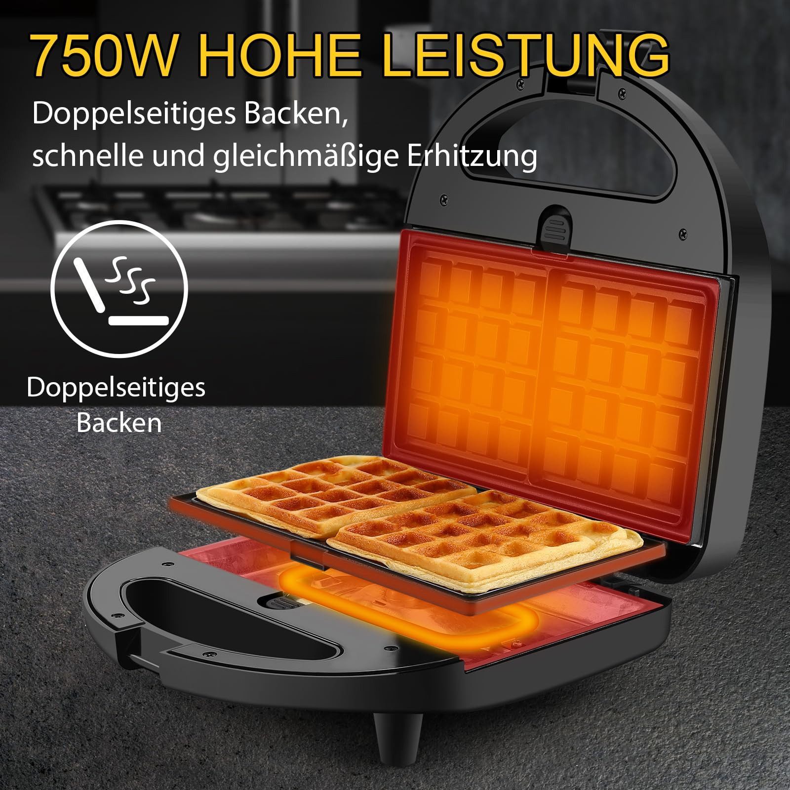 Forrlite 3-in-1-Kombi-Waffeleisen Waffeleisen, Sandwichmaker 3 in 1, Multifunktionsgerät Doppel, 760,00 W, 3 Abnehmbare Platten, Antihaftbeschichtung, LED-Leuchten