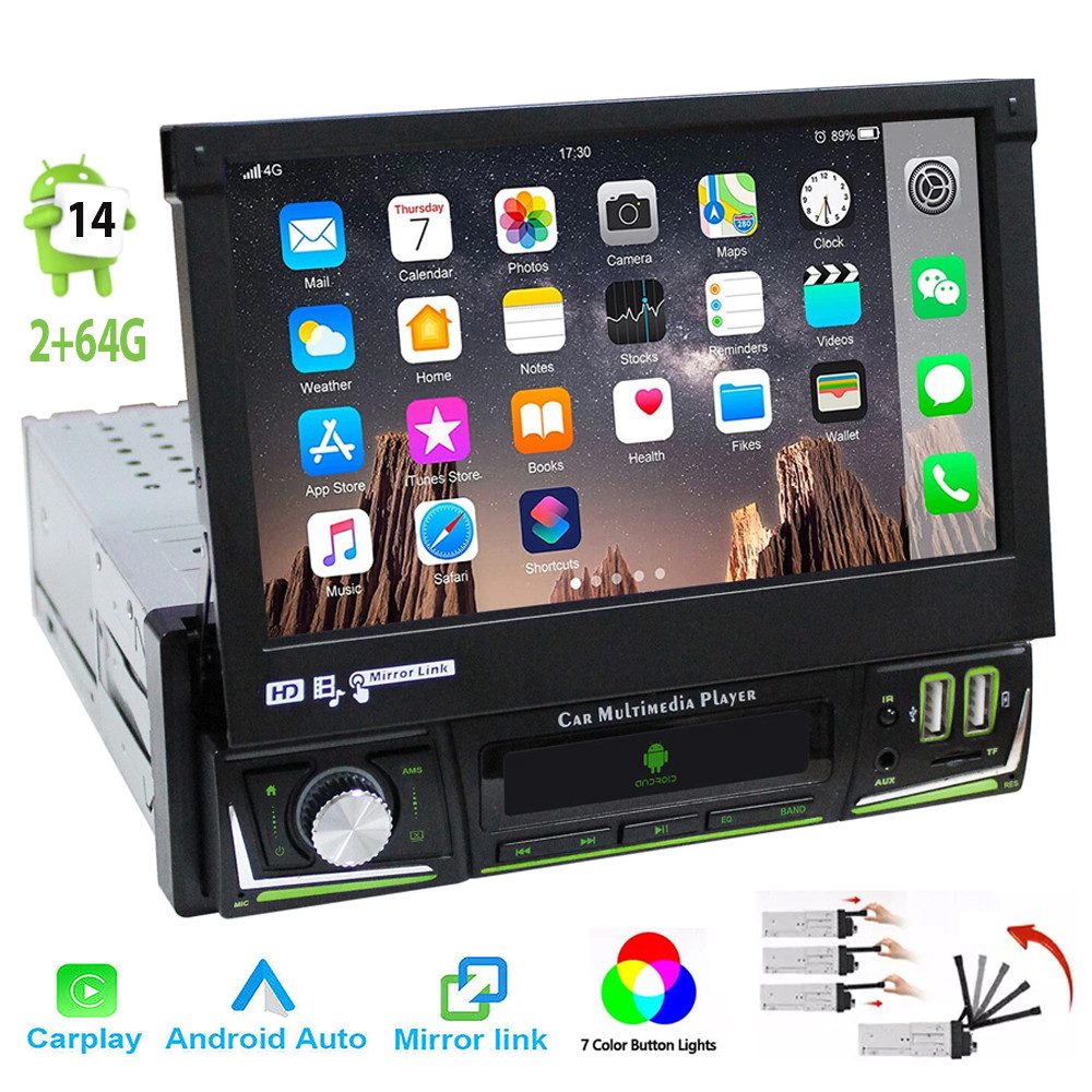 7" Android 14 Wireless Carplay Android Auto Ausziehbarer Screen 4+64GB Autoradio