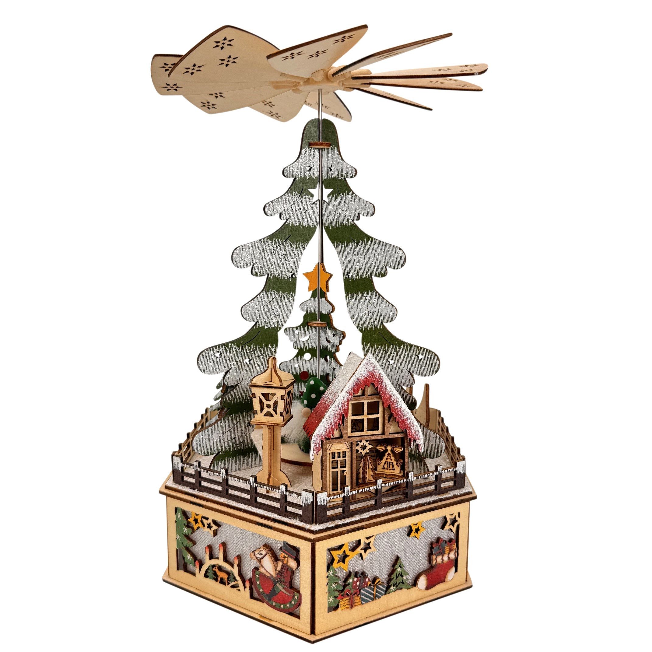 Online-Fuchs Weihnachtspyramide mit LED-Beleuchtung, Timer und süßen Wichteln - Weihnachtsdeko, mit drehendem Flügelrad und integrierter Beleuchtung
