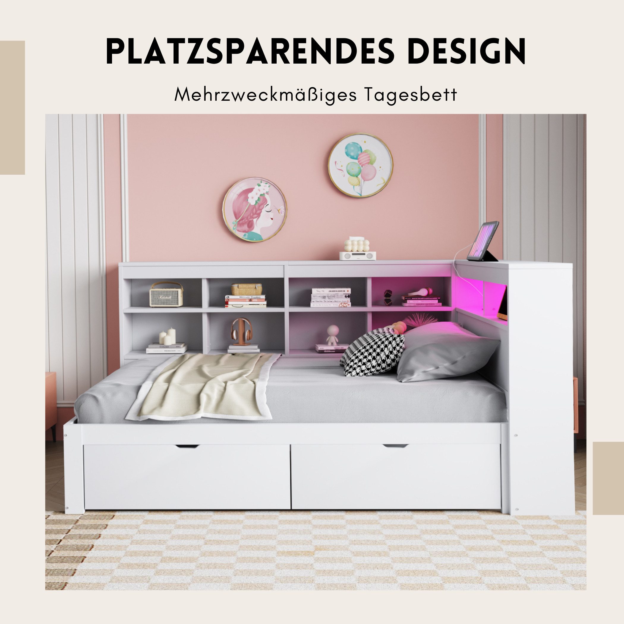 SeedWave Holzbett Modern LED Einzehlbett Stauraumbett mit 2 Rollen-Schubladen, 90×200cm, Inkl. 2 Steckdosen + 2 USB-Anschlüsse