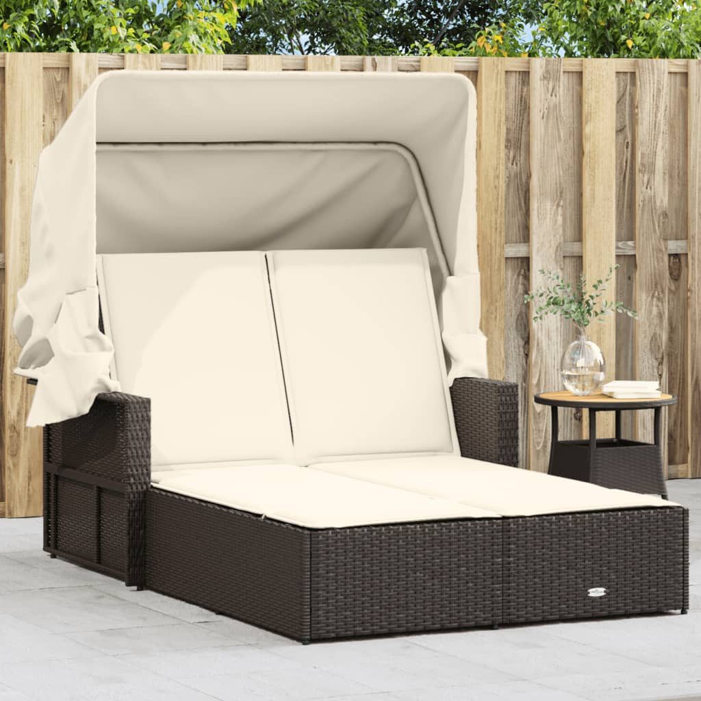 vidaXL Gartenliege Doppel-Sonnenliege mit Dach und Auflagen Braun Poly Rattan, 1 St.