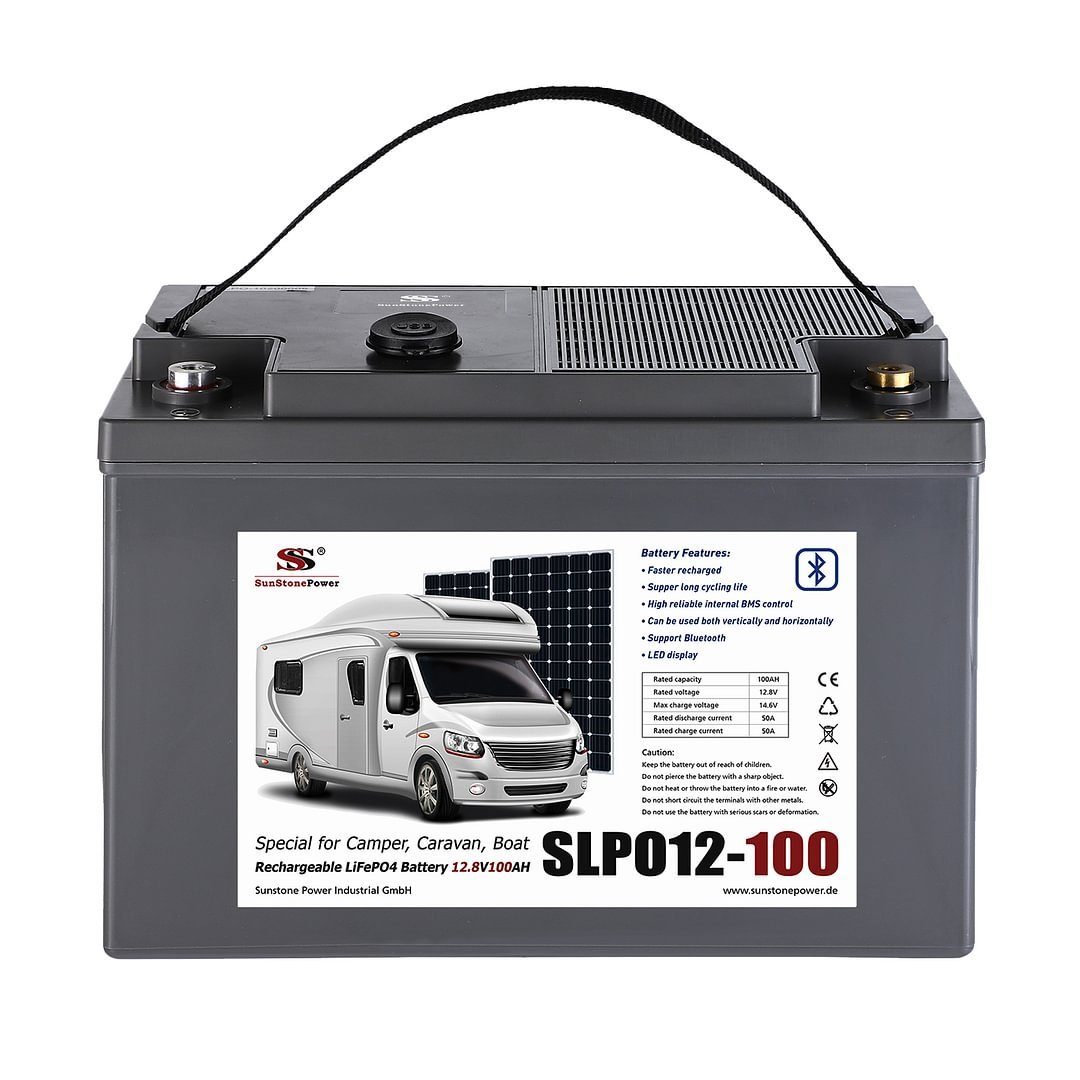 Sunstone Power 12V Lithium Batterie 100AH LiFePO4 Speicher mit USB BT Wohnmobil Boot Akku 100000 mAh (12 V), Solar Batterie Akku, Extrem zyklenfest