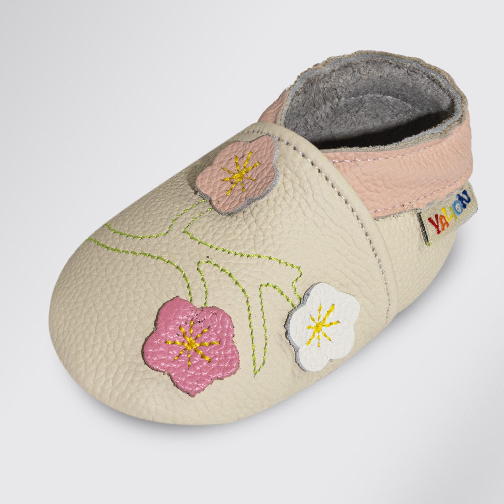 Yalion Baby schuhe aus 100 % Leder Beige mit 3 Blumen Krabbelschuh