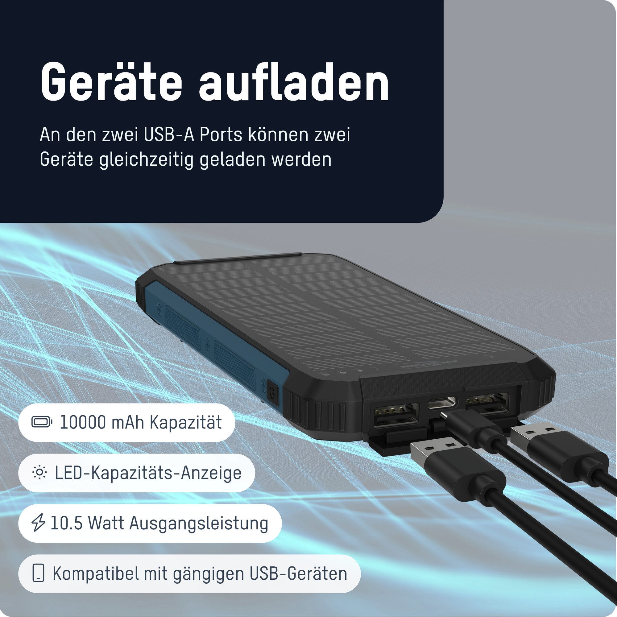 ANSMANN AG Solar Powerbank 10000mAh, Outdoor Ladegerät, mit Taschenlampe Powerbank 10000 mAh (3.7 V)