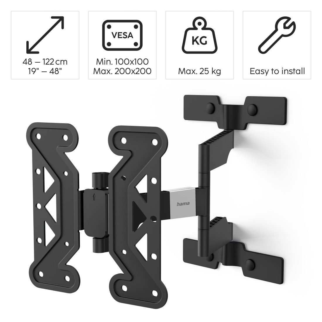 Hama TV-Wandhalterung Halterung, schwenkbar, neigbar, extra flach von 48 - 122 cm, (bis 48 Zoll, (19" - 48), max. 30 kg)