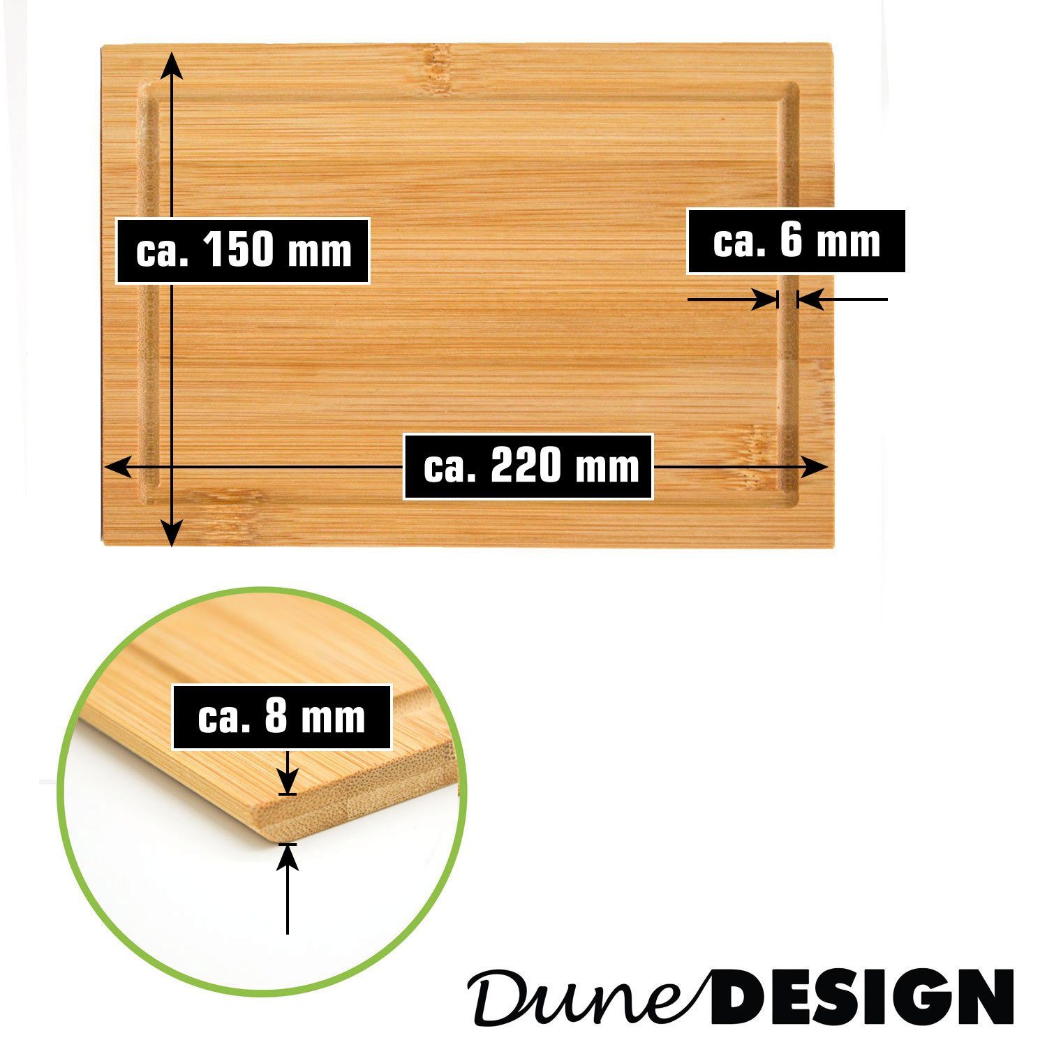 DuneDesign Schneidebrett 6er Set Frühstücksbrett Bambus 22x15 - Holz Küchenbrett mit Saftrille, Bambus, (6-St), Brotzeitbrett Antibakteriell - Schneidebrett Hit – Bild 5 von 5