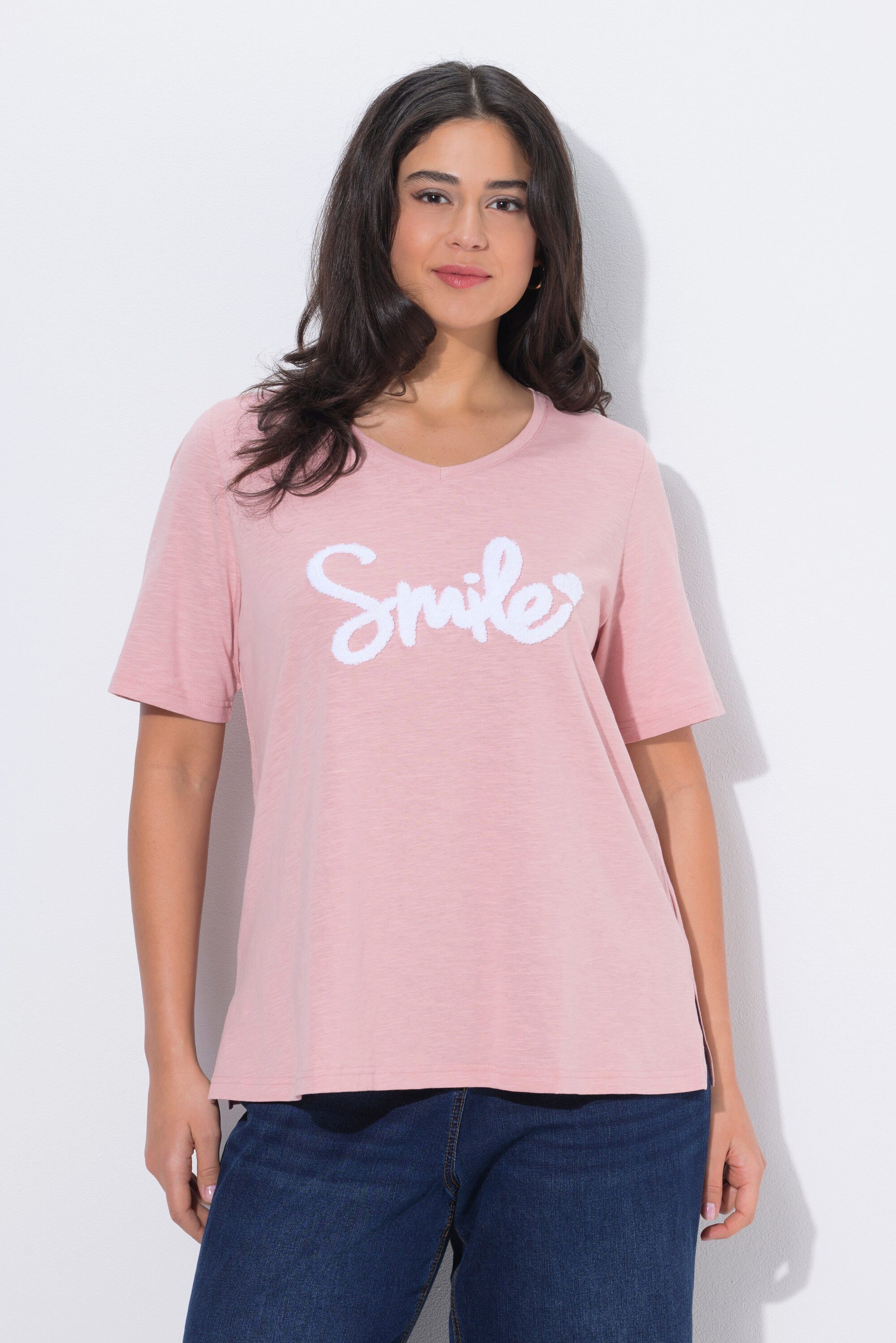 Ulla Popken T-Shirt T-Shirt Smile Classic V-Ausschnitt Halbarm