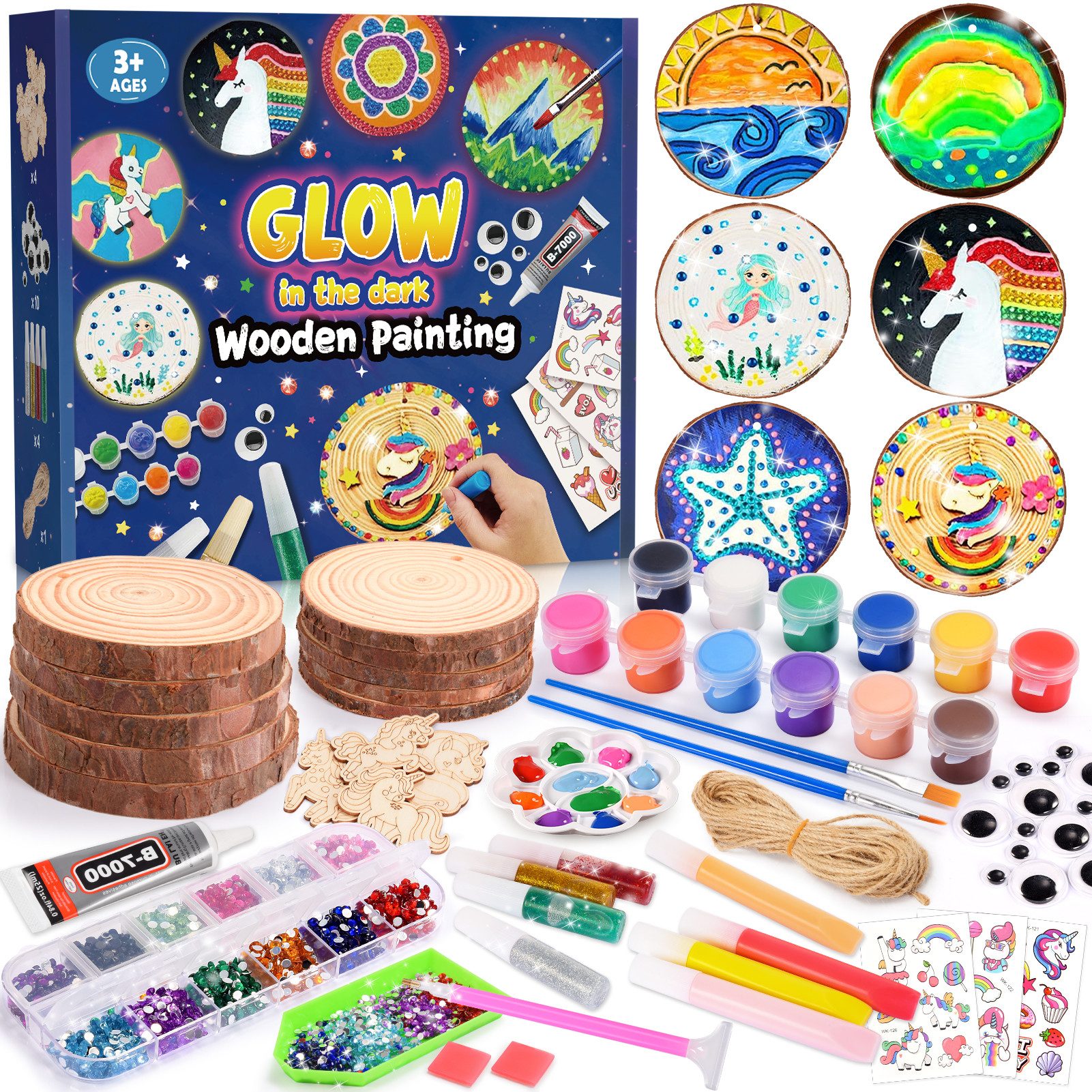 Wootoy Kreativset Holz-Malset mit Leuchteffekt DIY Set Bastelset für Kinder Holzscheiben, (mit Holzscheiben Holzornamenten Farben, Leuchtfarben und Zubehör, 10-tlg., Glow-in-the-Dark-Effekt sorgt nach Lichteinwirkung im Dunkeln), Ideal für Familienprojekte Geschenk für Kinder ab 3 Jahren