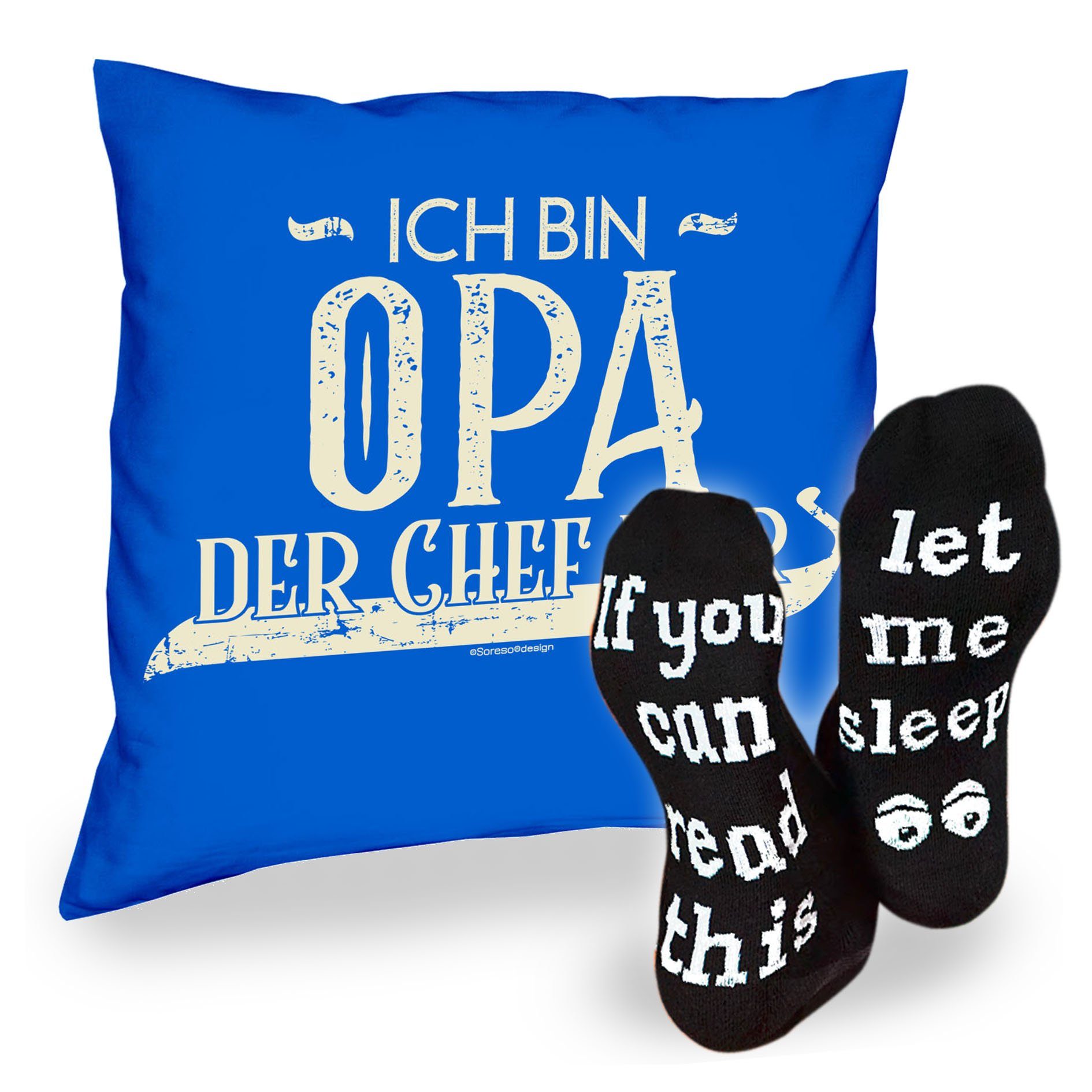 Soreso® Dekokissen Kissen Ich Vatertagsgeschenk Sleep, Männer Chef Opa der & bin hier Sprüche Opa Socken royal-blau