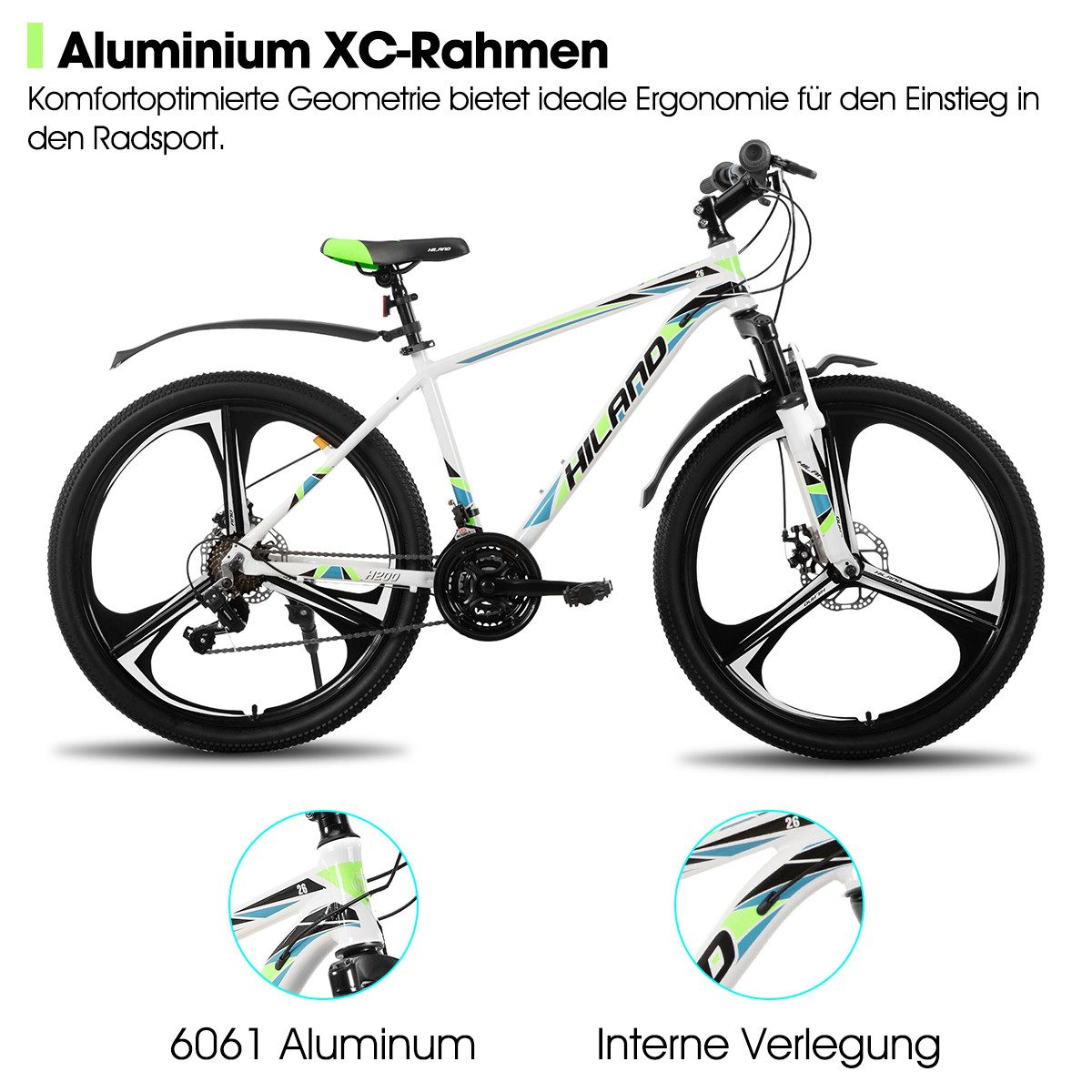 HILAND Mountainbike 26" Aluminium MTB Shimano 18-Gang, 3D/6D Felgen wählbar, 3/6-Speichen-Räder, 18-Gang, mit Schutzblechen, Doppelscheibenbremsen