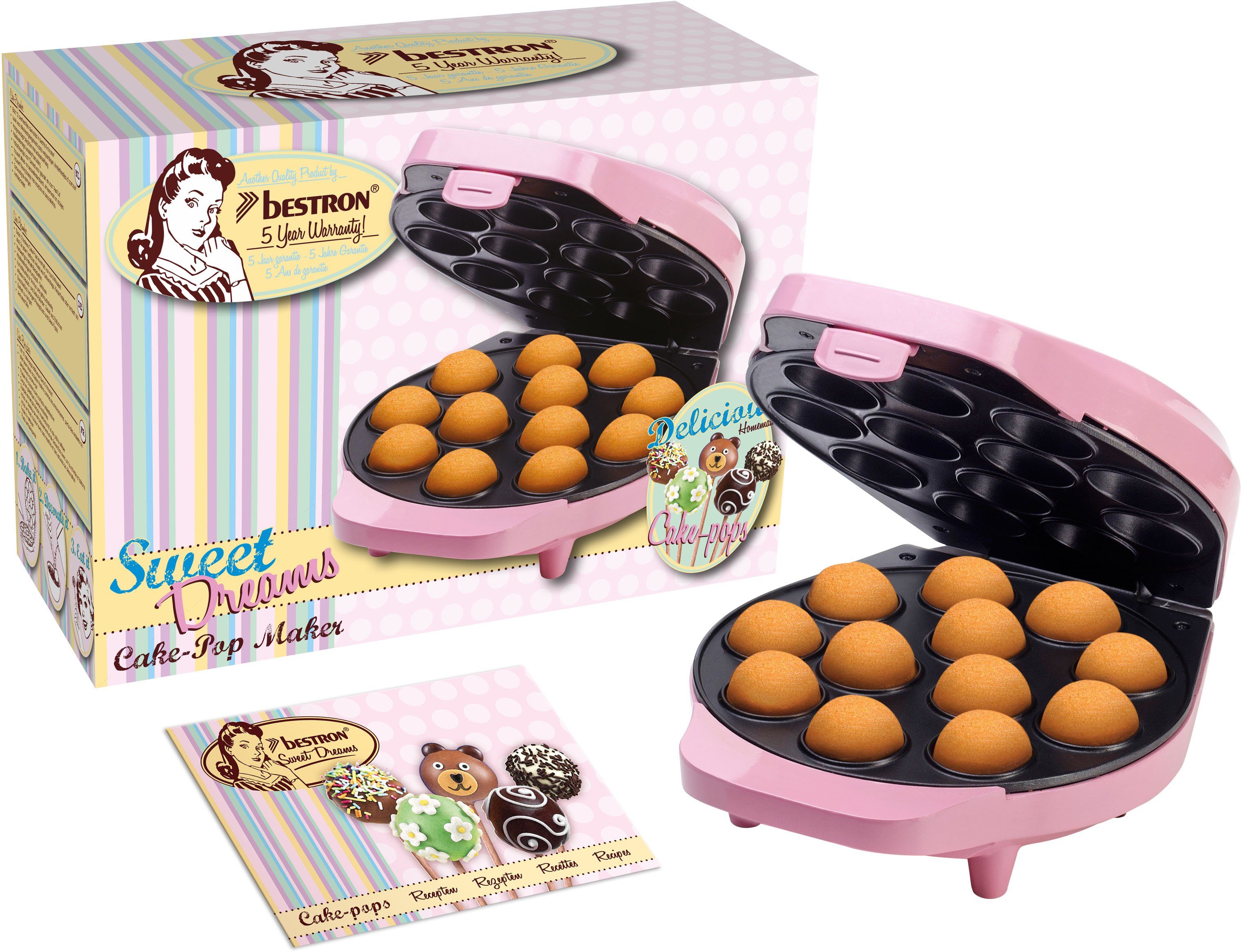 bestron Cakepop-Maker DCPM12 Sweet Dreams, 700 W, im Retro Design, Antihaftbeschichtung, Rosa | Waffeleisen