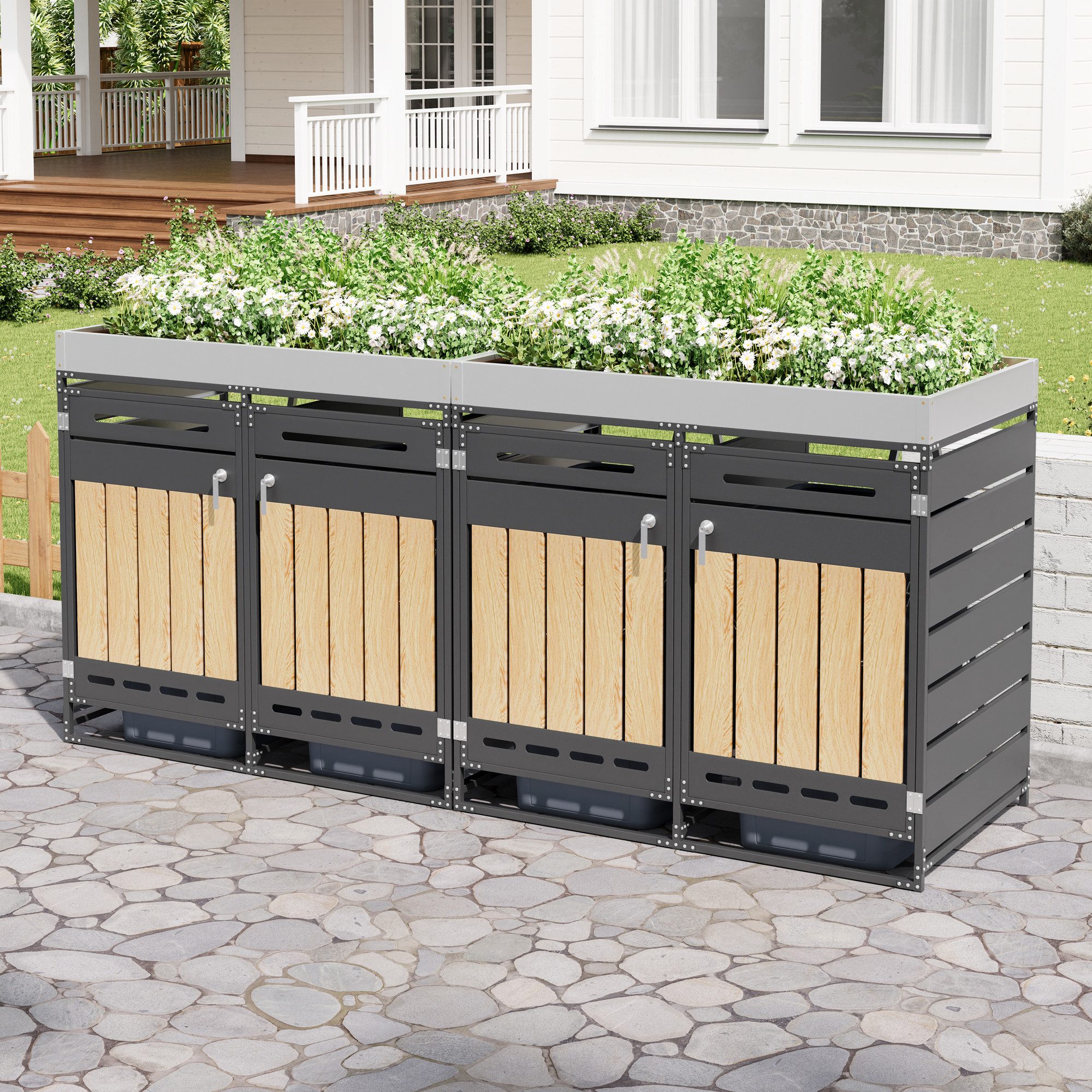 Flieks Mülltonnenbox, Mülltonnenschrank für 4 Tonnen 120–240L mit Pflanzfläche und Schloss