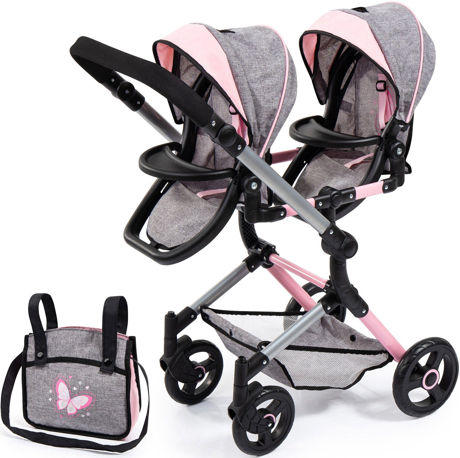 Bayer Puppen-Zwillingsbuggy Twin Neo, grau, mit Wickeltasche